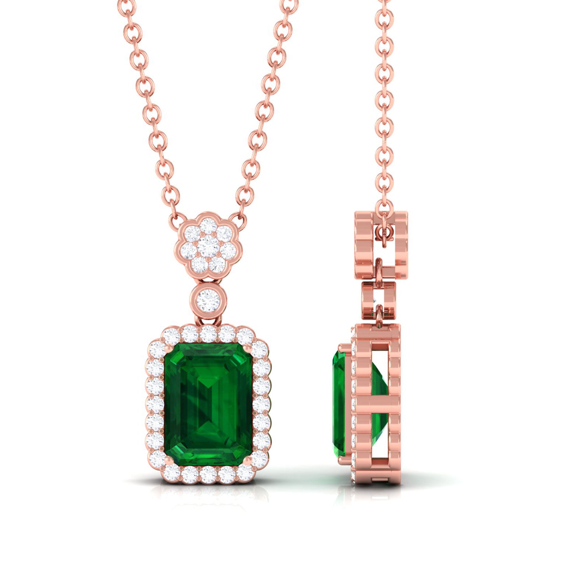 Vibrant Grown Labs-Vintage Inspired Pendant Necklace with Lab Grown Emerald and Diamond