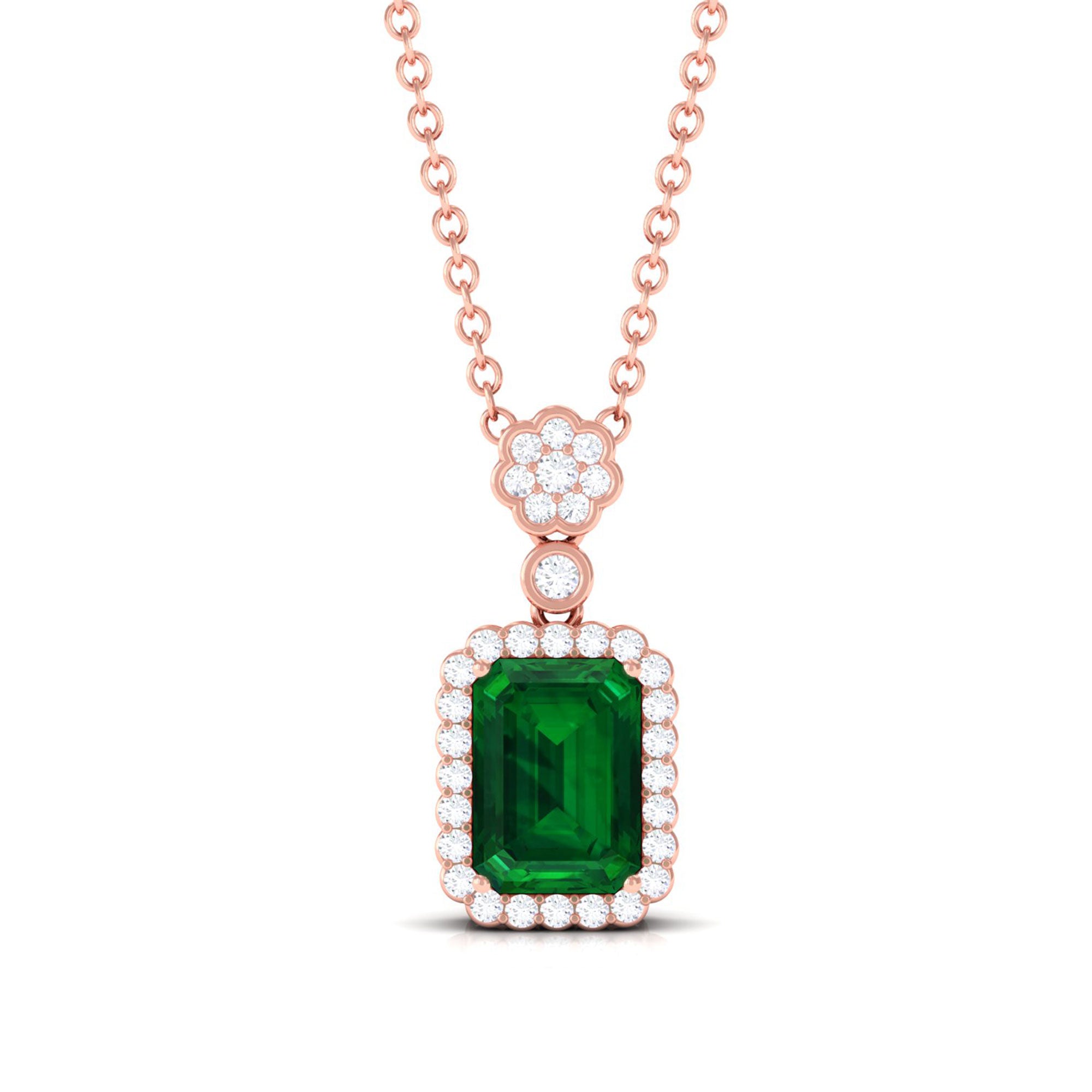 Vibrant Grown Labs-Vintage Inspired Pendant Necklace with Lab Grown Emerald and Diamond