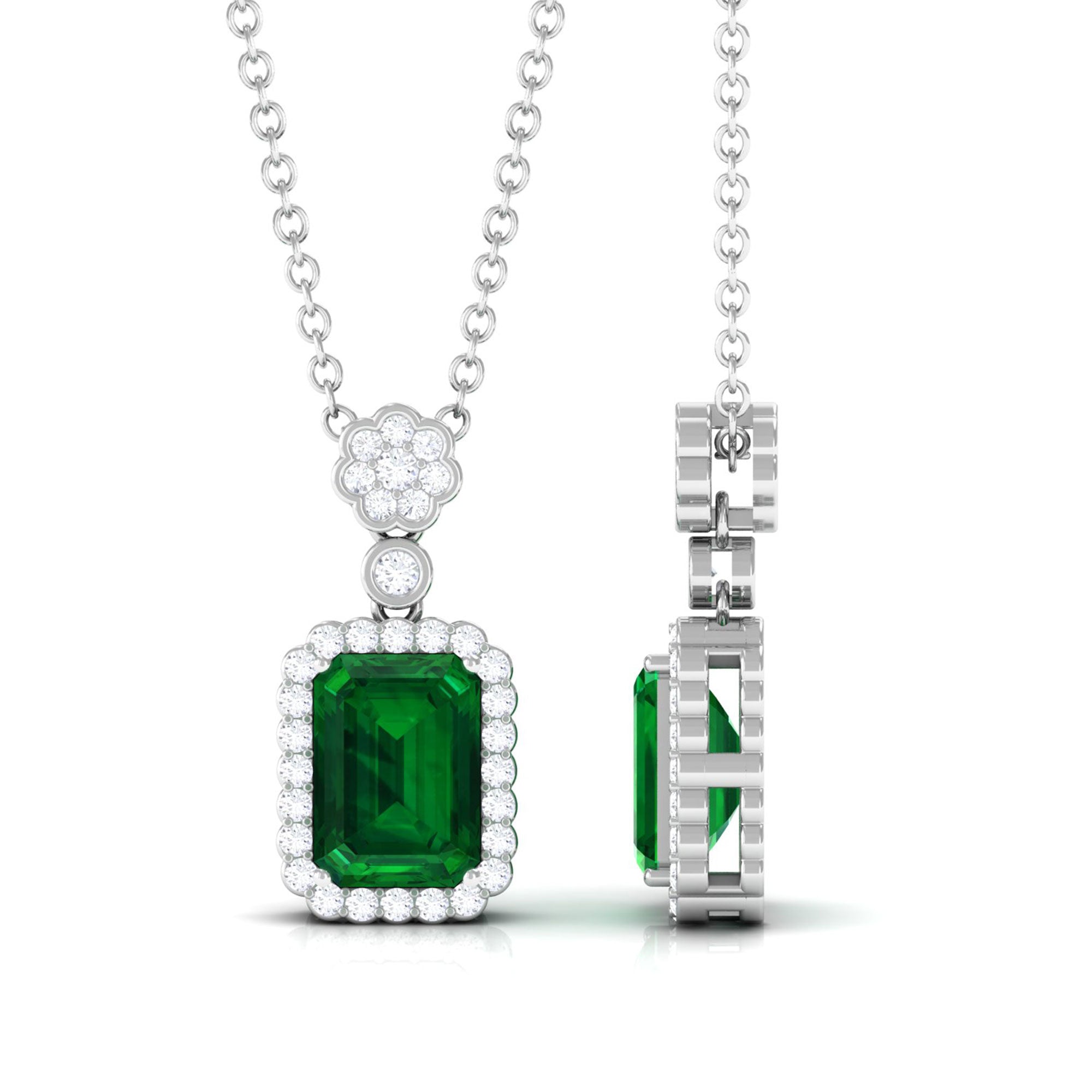 Vibrant Grown Labs-Vintage Inspired Pendant Necklace with Lab Grown Emerald and Diamond