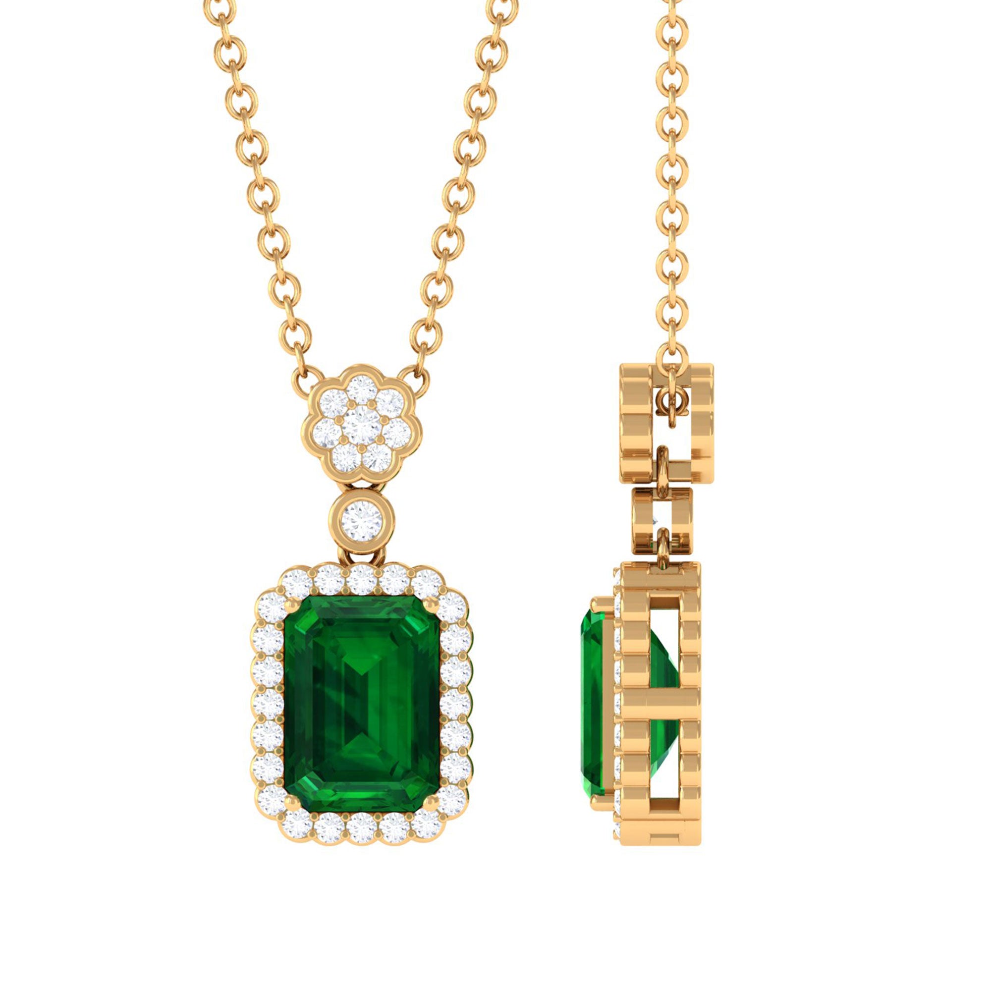 Vibrant Grown Labs-Vintage Inspired Pendant Necklace with Lab Grown Emerald and Diamond