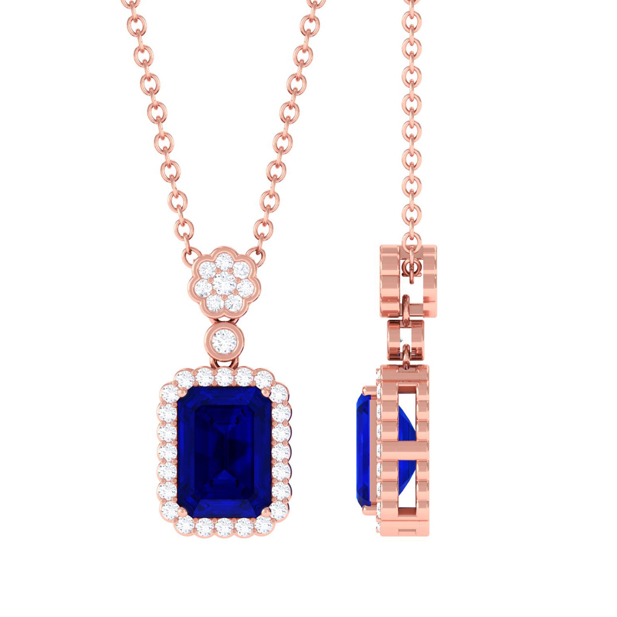 Vibrant Grown Labs-Lab Grown Blue Sapphire Art Deco Pendant Necklace