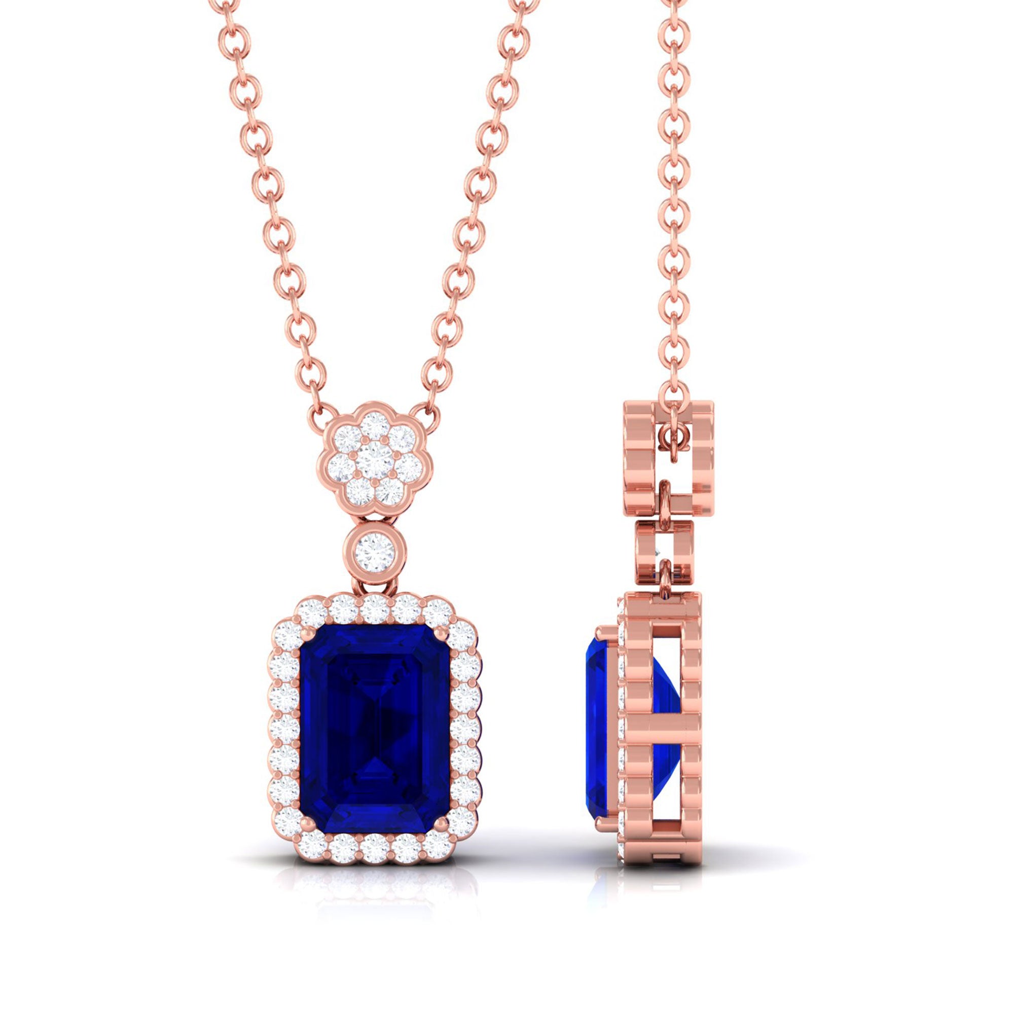 Vibrant Grown Labs-Lab Grown Blue Sapphire Art Deco Pendant Necklace