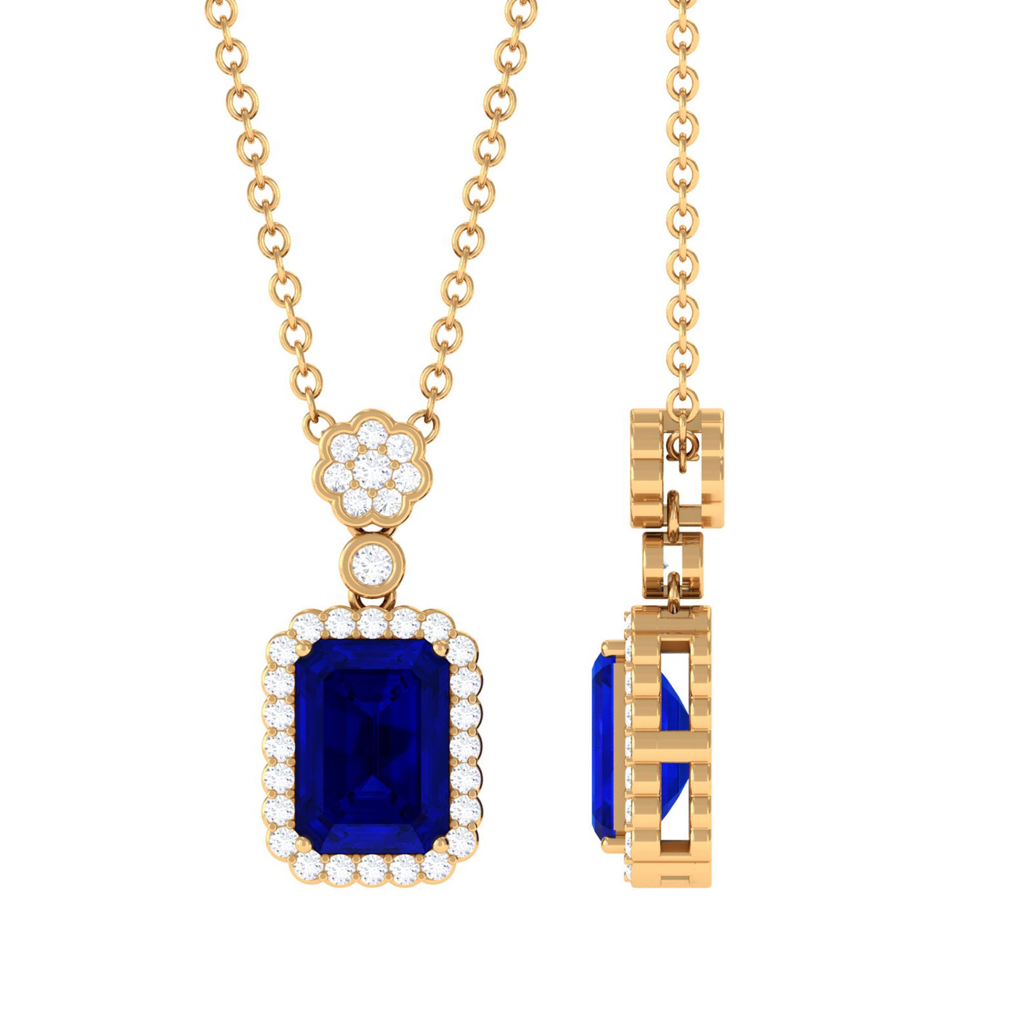 Vibrant Grown Labs-Lab Grown Blue Sapphire Art Deco Pendant Necklace