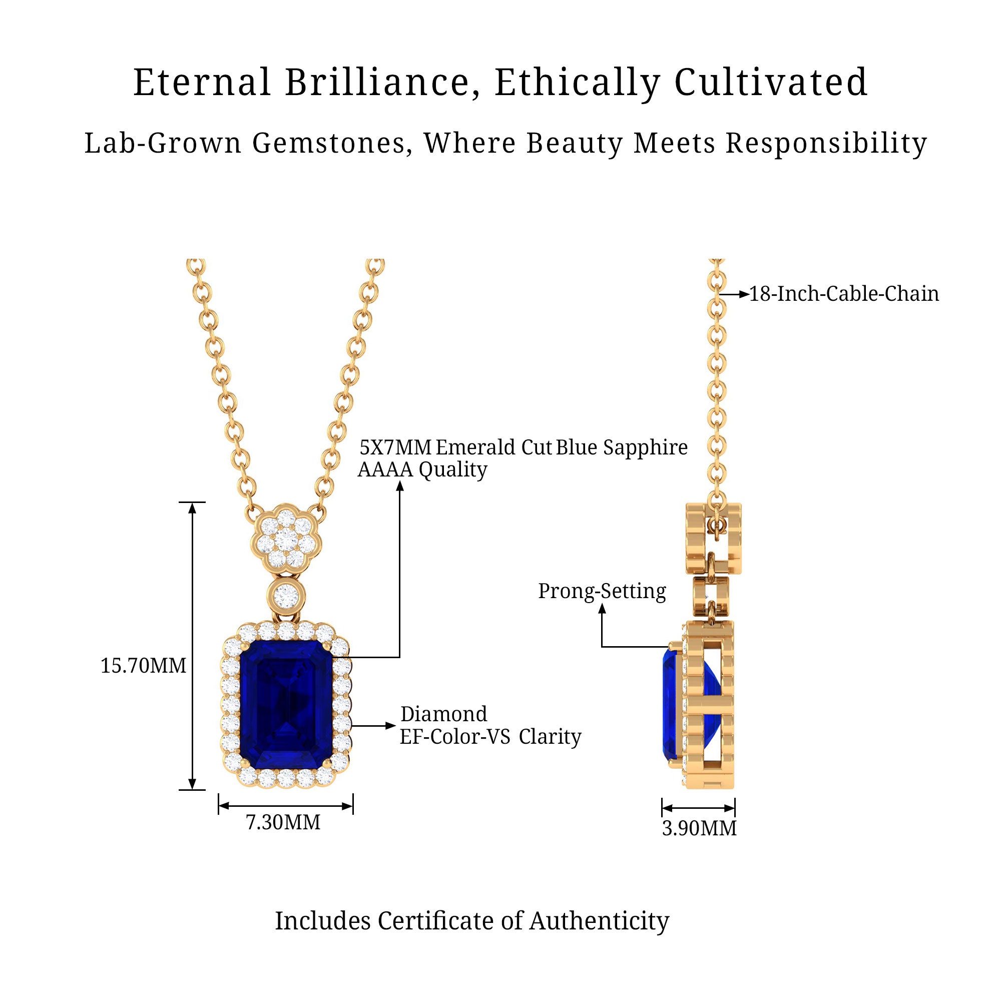 Vibrant Grown Labs-Lab Grown Blue Sapphire Art Deco Pendant Necklace