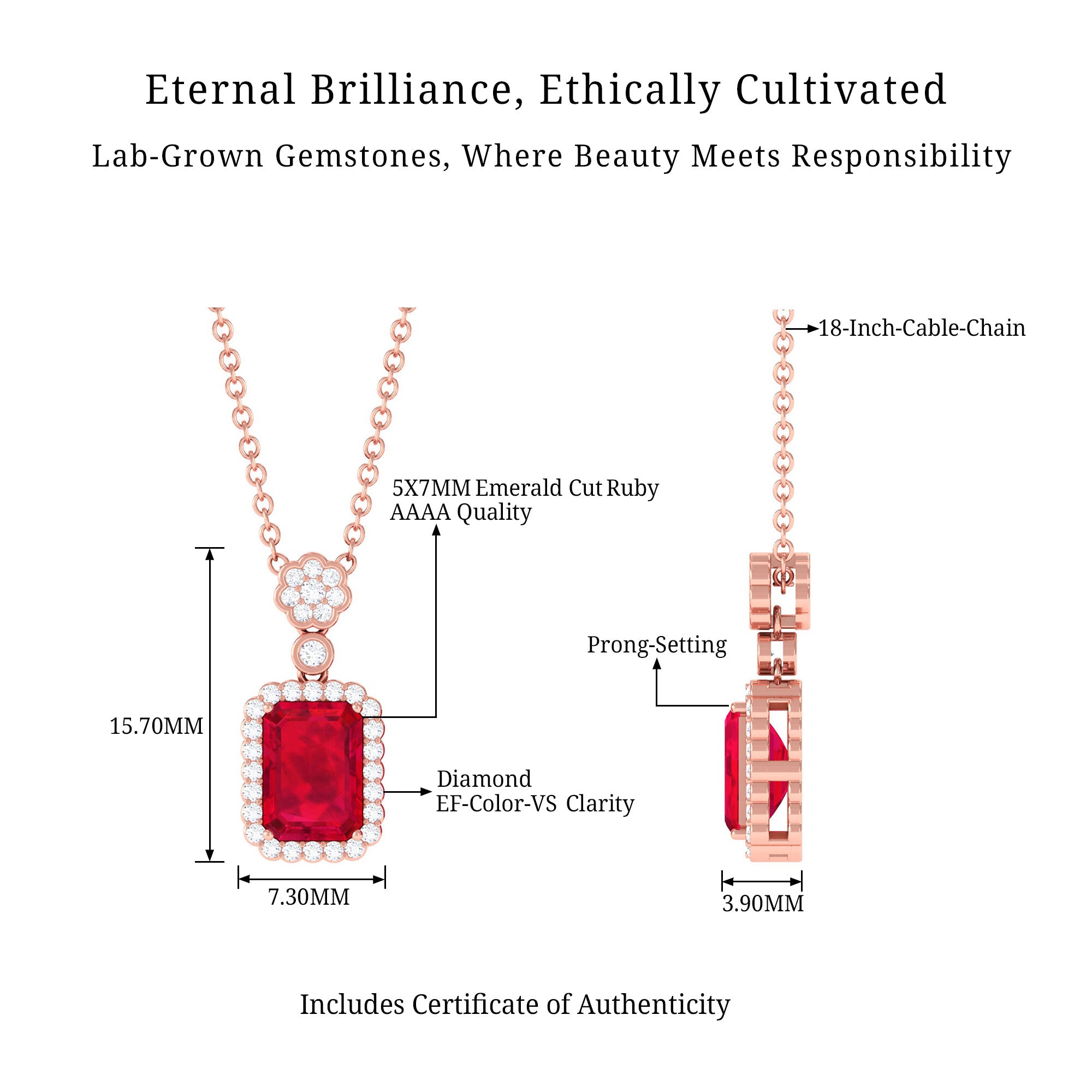 Vibrant Grown Labs-Emerald Cut Lab Grown Ruby Pendant with Halo