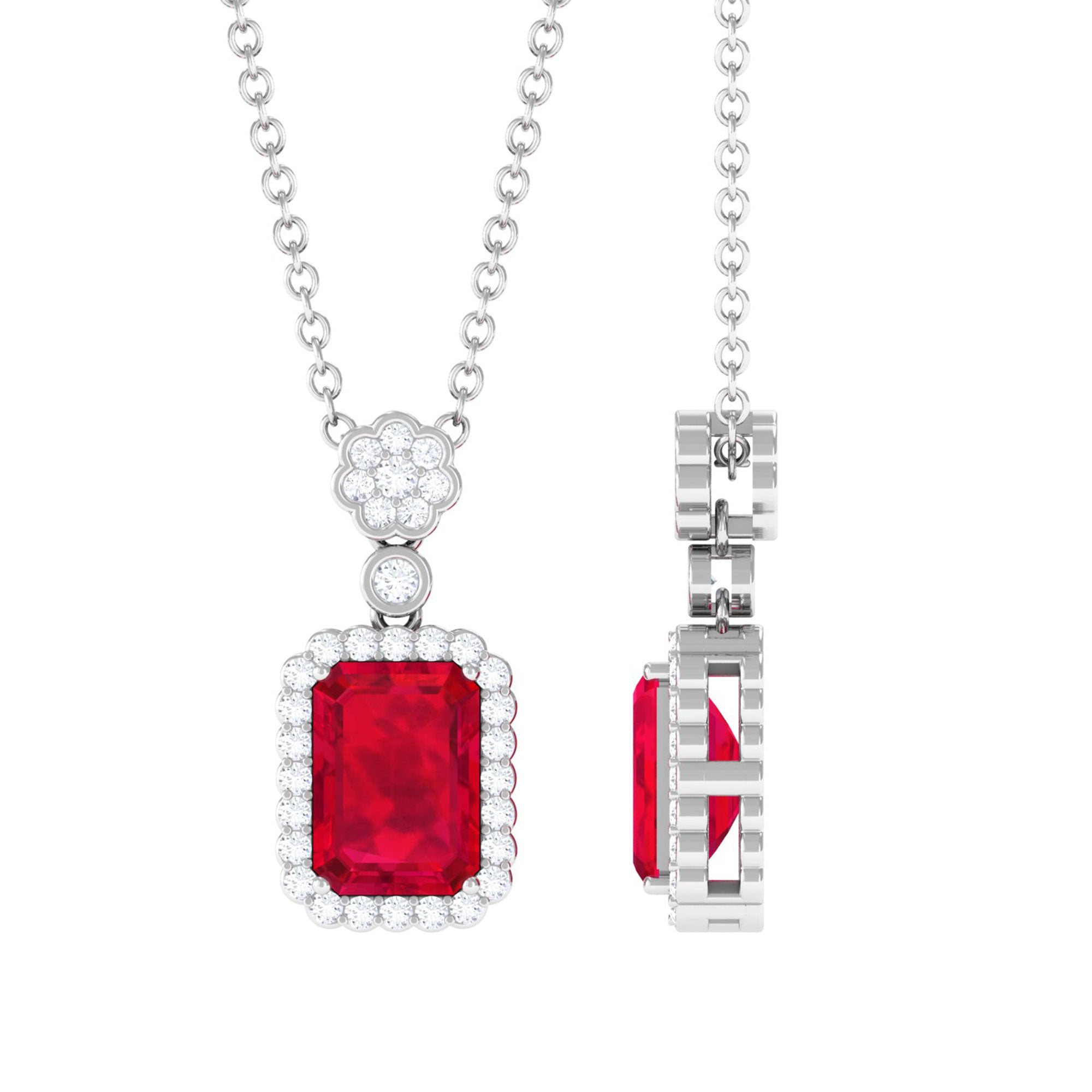 Vibrant Grown Labs-Emerald Cut Lab Grown Ruby Pendant with Halo