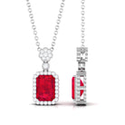 Vibrant Grown Labs-Emerald Cut Lab Grown Ruby Pendant with Halo