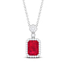 Vibrant Grown Labs-Emerald Cut Lab Grown Ruby Pendant with Halo