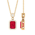 Vibrant Grown Labs-Emerald Cut Lab Grown Ruby Pendant with Halo