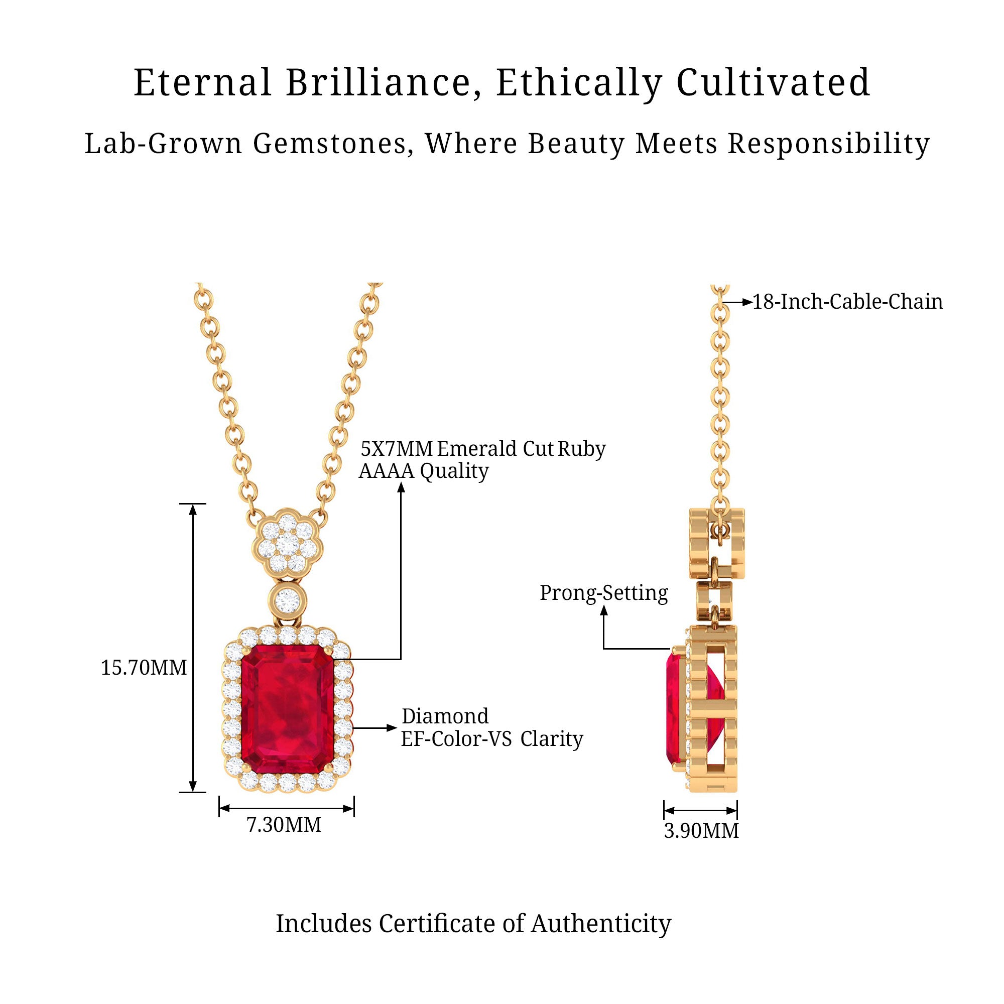 Vibrant Grown Labs-Emerald Cut Lab Grown Ruby Pendant with Halo