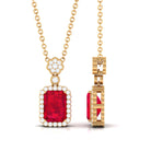 Vibrant Grown Labs-Emerald Cut Lab Grown Ruby Pendant with Halo