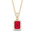 Vibrant Grown Labs-Emerald Cut Lab Grown Ruby Pendant with Halo