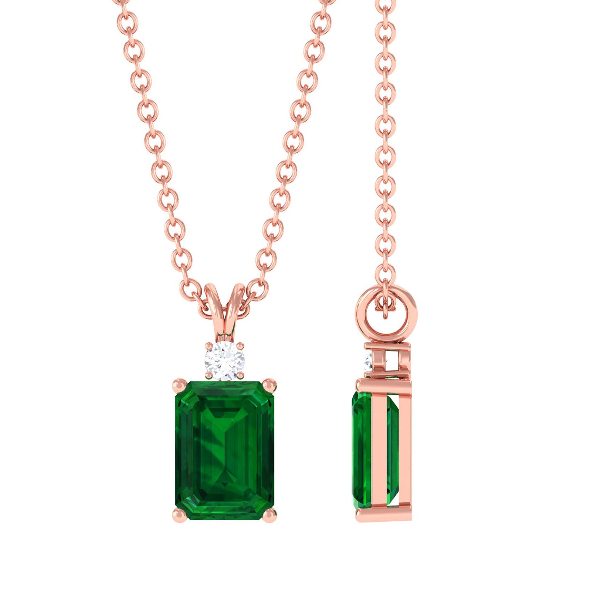 Vibrant Grown Labs-Emerald Cut Solitaire Pendant Necklace with Lab Grown Emerald