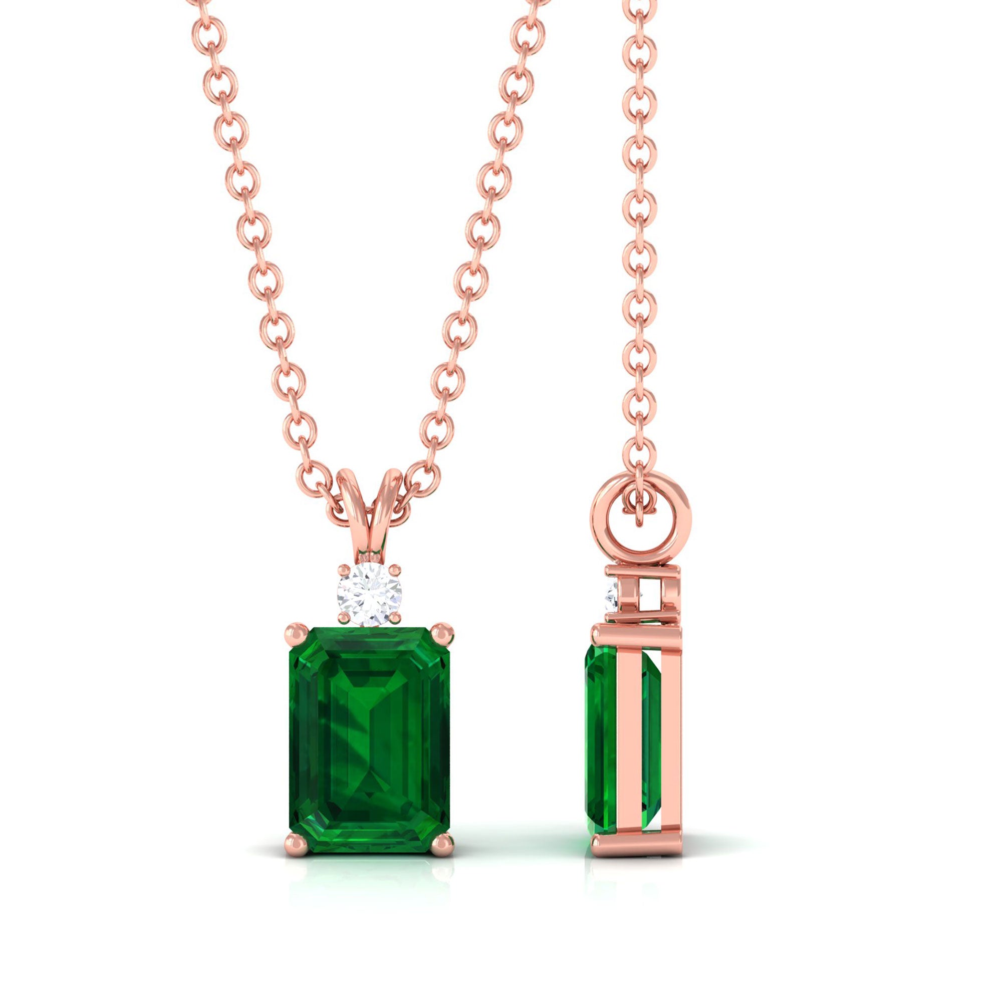 Vibrant Grown Labs-Emerald Cut Solitaire Pendant Necklace with Lab Grown Emerald