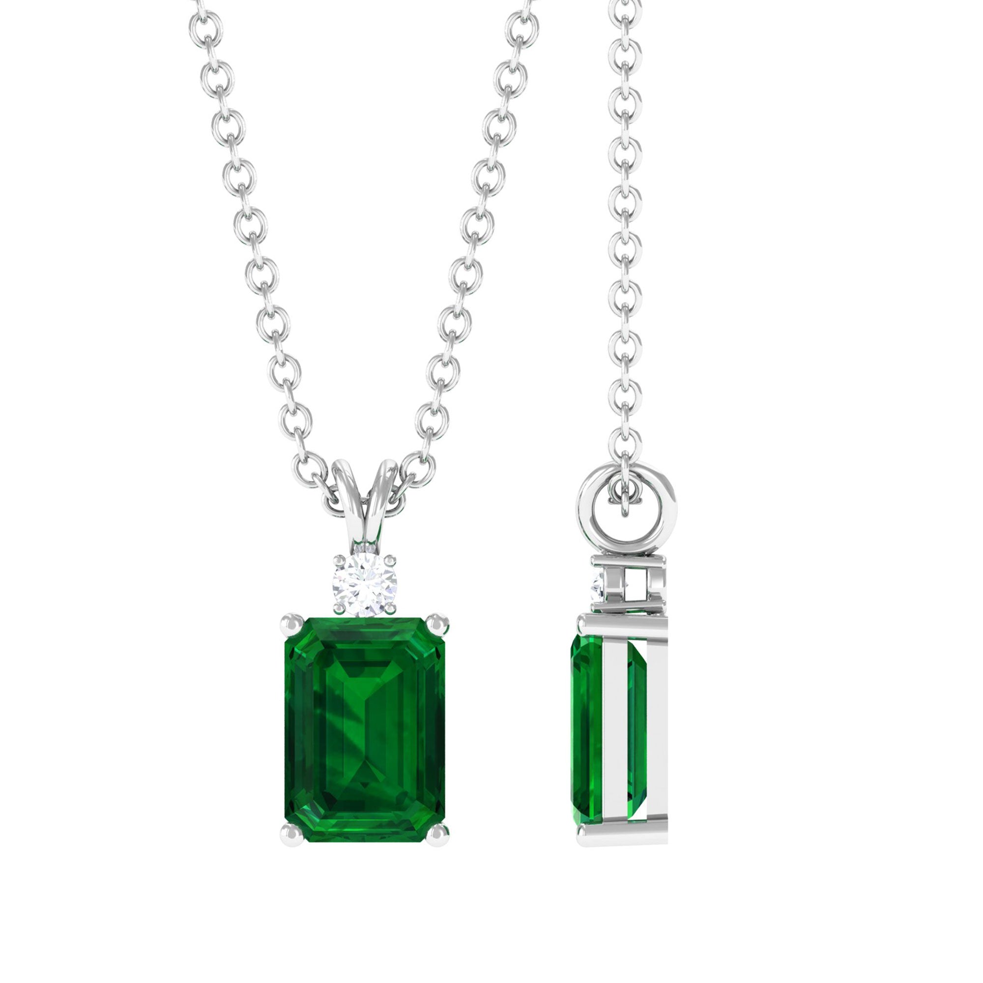 Vibrant Grown Labs-Emerald Cut Solitaire Pendant Necklace with Lab Grown Emerald