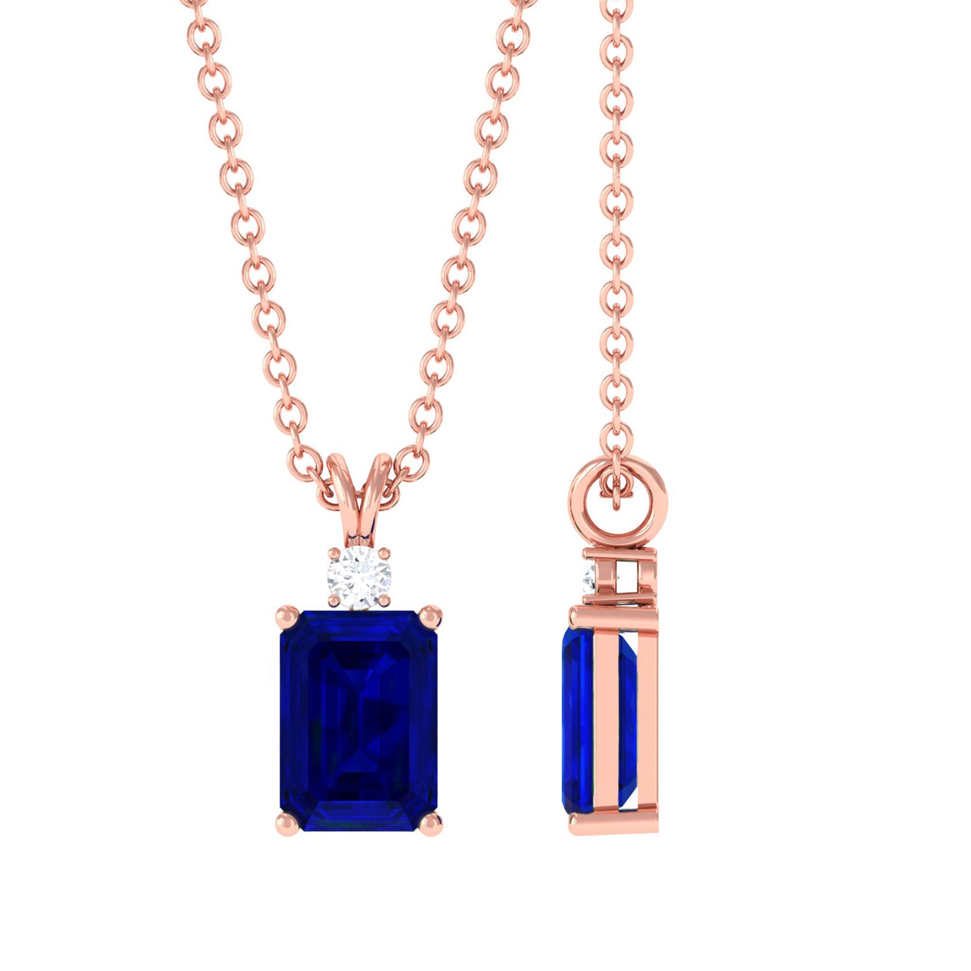 Vibrant Grown Labs-Emerald Cut Lab Grown Blue Sapphire Solitaire Pendant Necklace