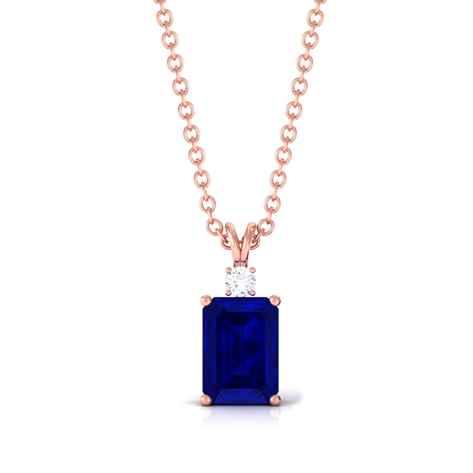 Vibrant Grown Labs-Emerald Cut Lab Grown Blue Sapphire Solitaire Pendant Necklace