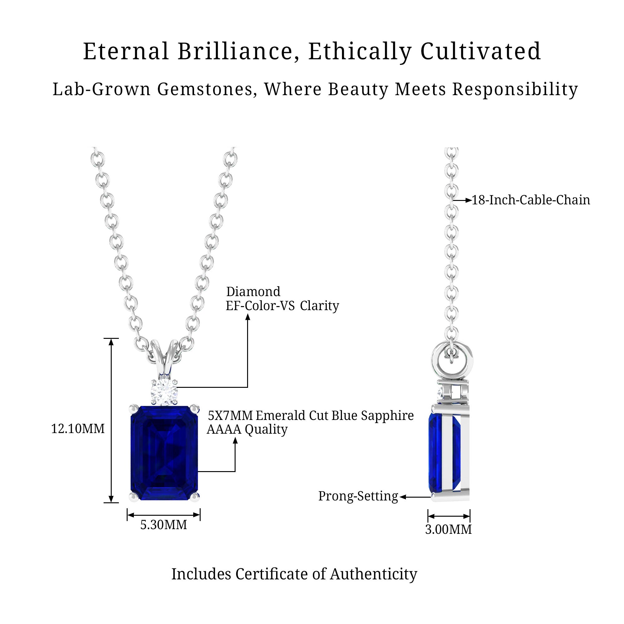 Vibrant Grown Labs-Emerald Cut Lab Grown Blue Sapphire Solitaire Pendant Necklace