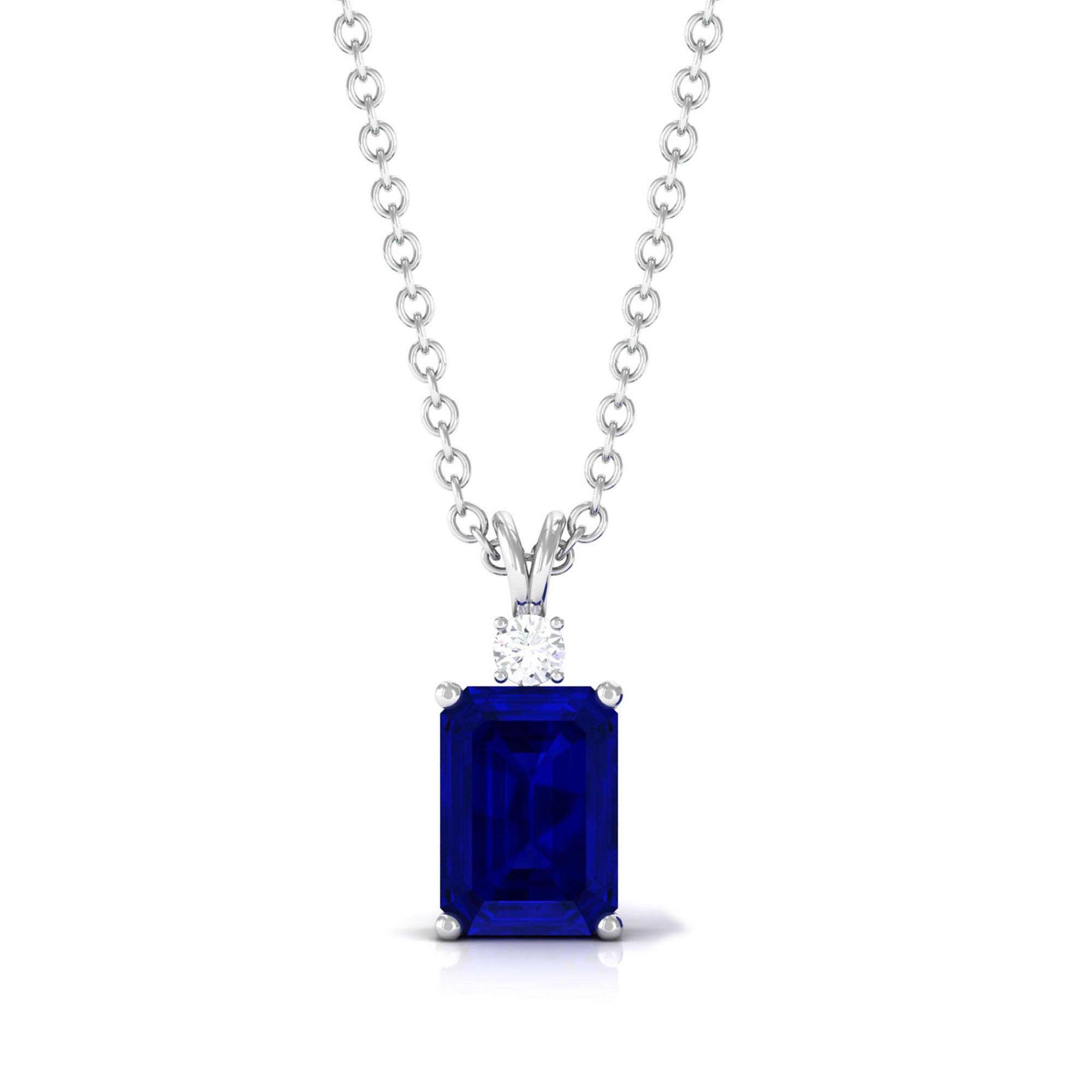 Vibrant Grown Labs-Emerald Cut Lab Grown Blue Sapphire Solitaire Pendant Necklace