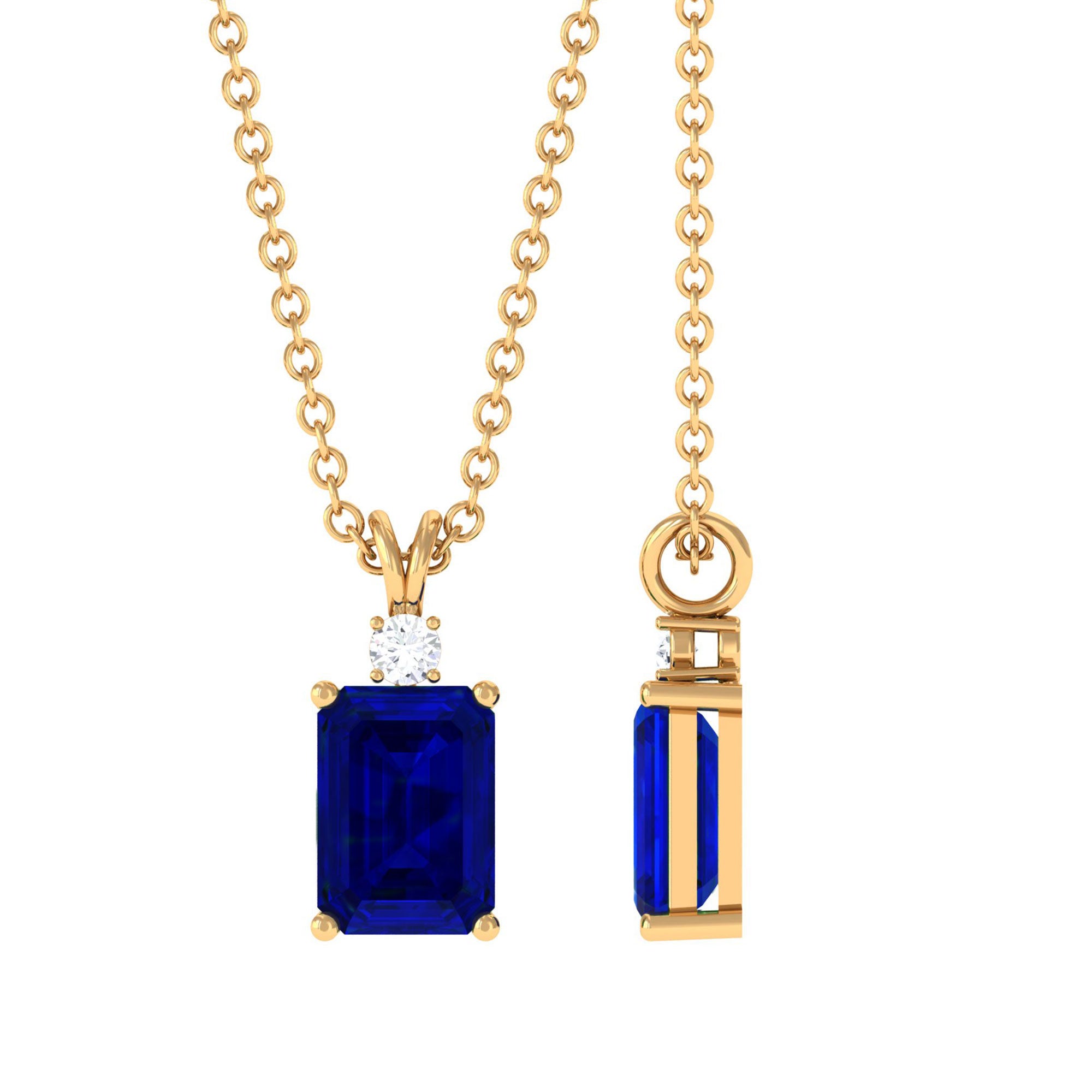 Vibrant Grown Labs-Emerald Cut Lab Grown Blue Sapphire Solitaire Pendant Necklace