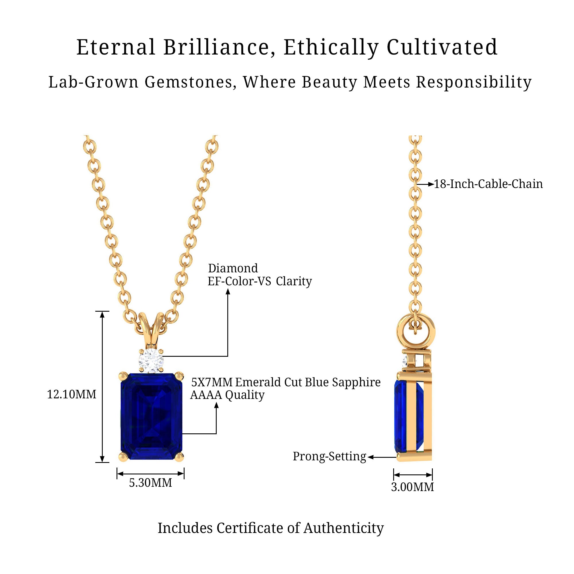 Vibrant Grown Labs-Emerald Cut Lab Grown Blue Sapphire Solitaire Pendant Necklace