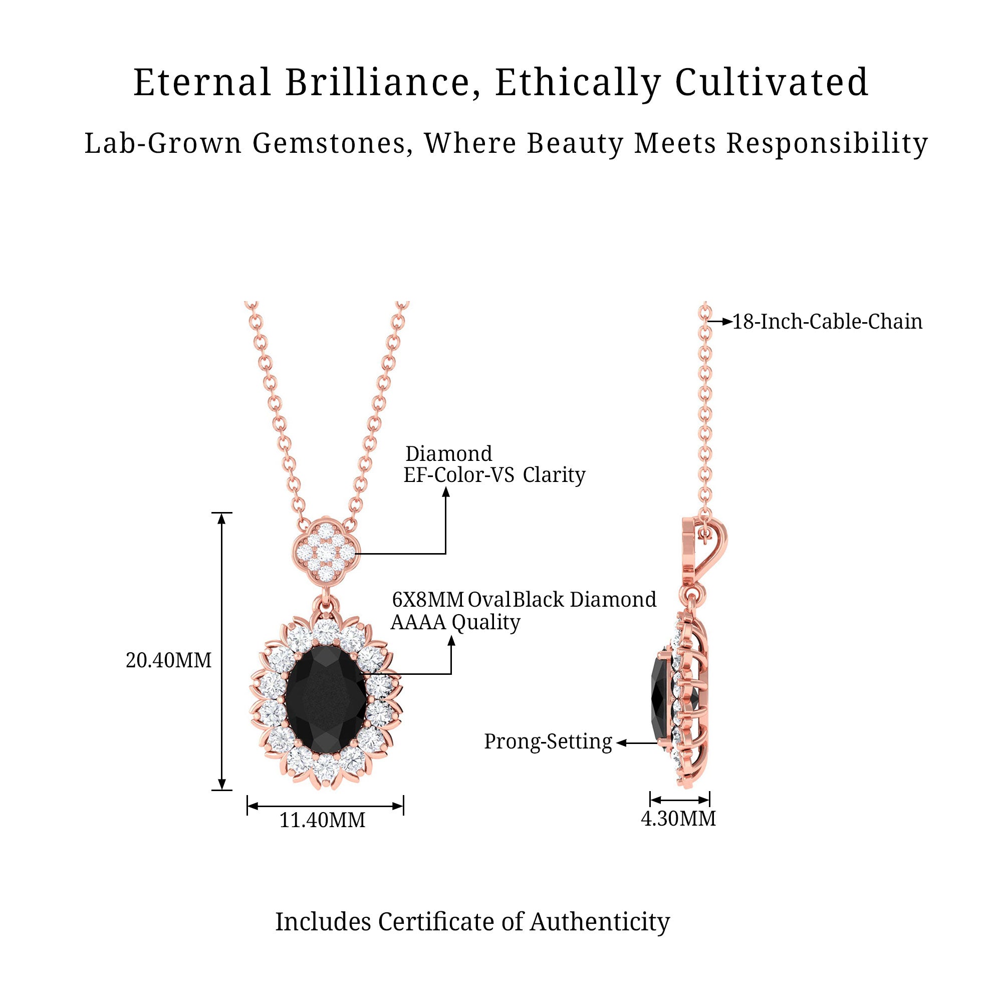 Vibrant Grown Labs-Oval Shape Lab Created Black Diamond Statement Pendant Necklace with Halo