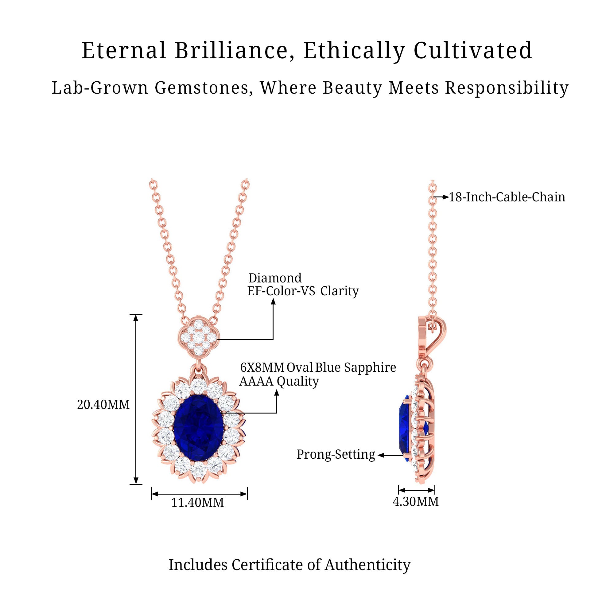 Vibrant Grown Labs-Oval Shaped Lab Grown Blue Sapphire Statement Pendant Necklace