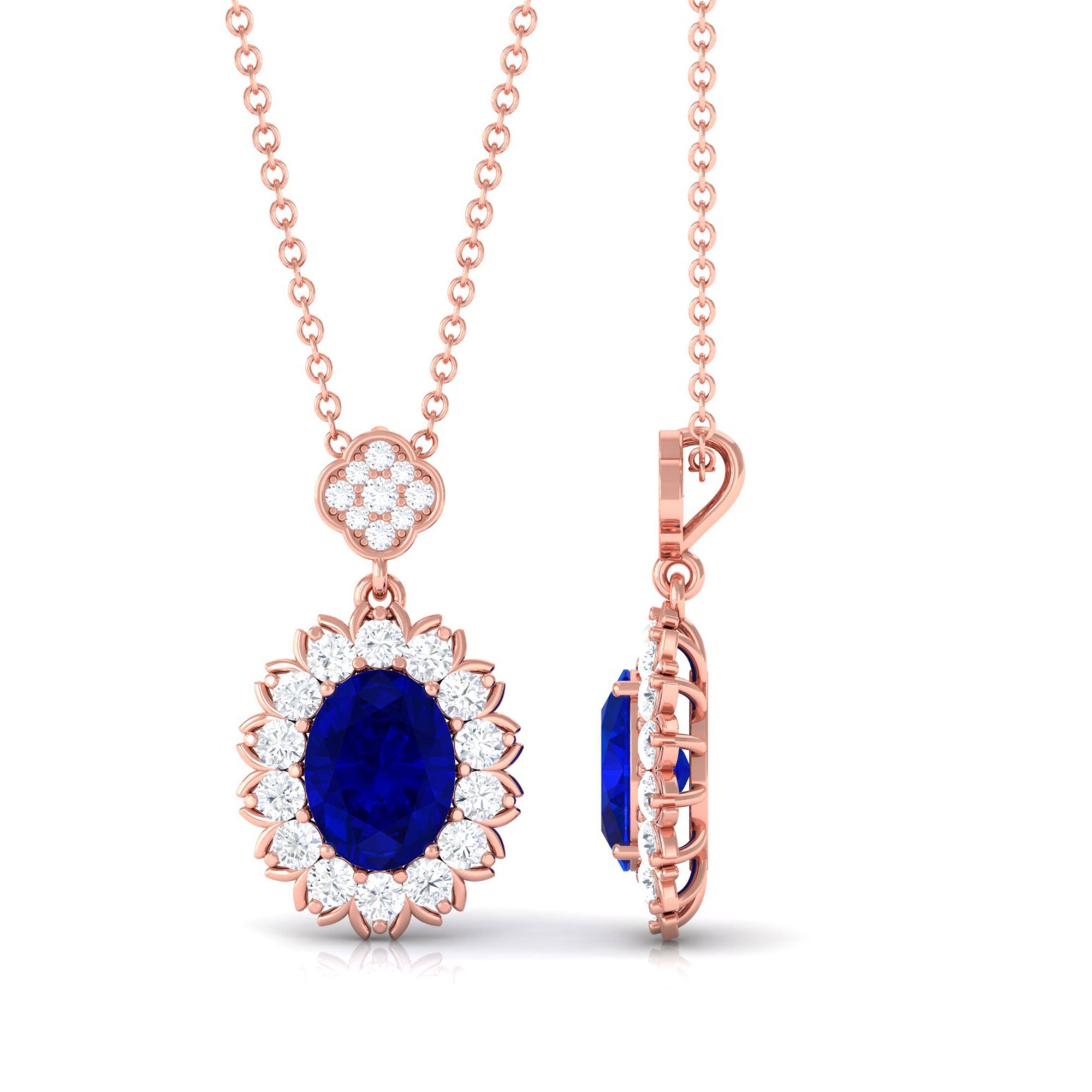 Vibrant Grown Labs-Oval Shaped Lab Grown Blue Sapphire Statement Pendant Necklace