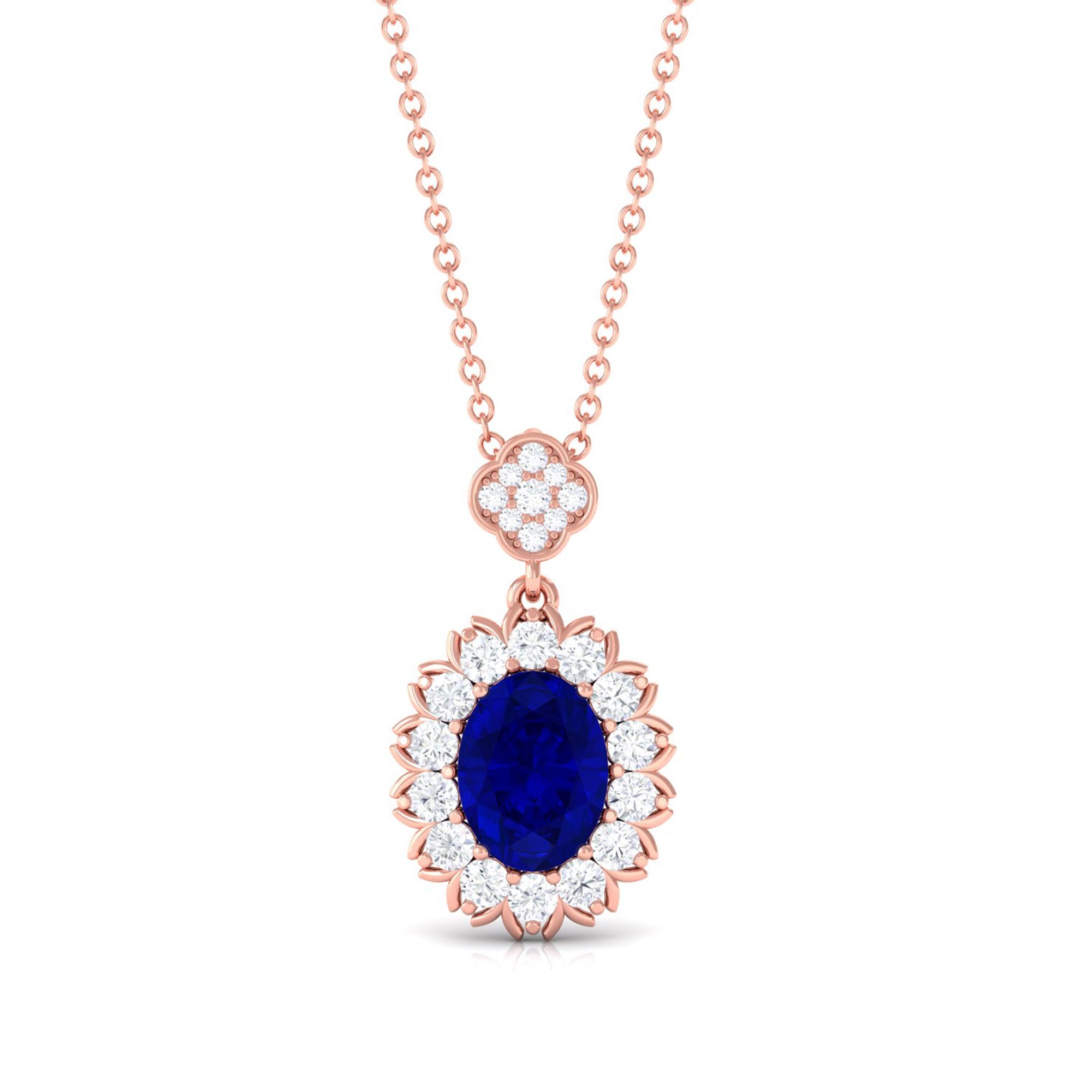 Vibrant Grown Labs-Oval Shaped Lab Grown Blue Sapphire Statement Pendant Necklace