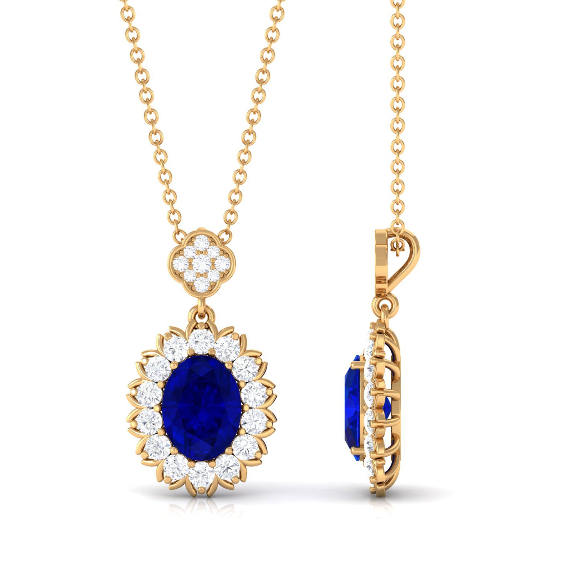 Vibrant Grown Labs-Oval Shaped Lab Grown Blue Sapphire Statement Pendant Necklace