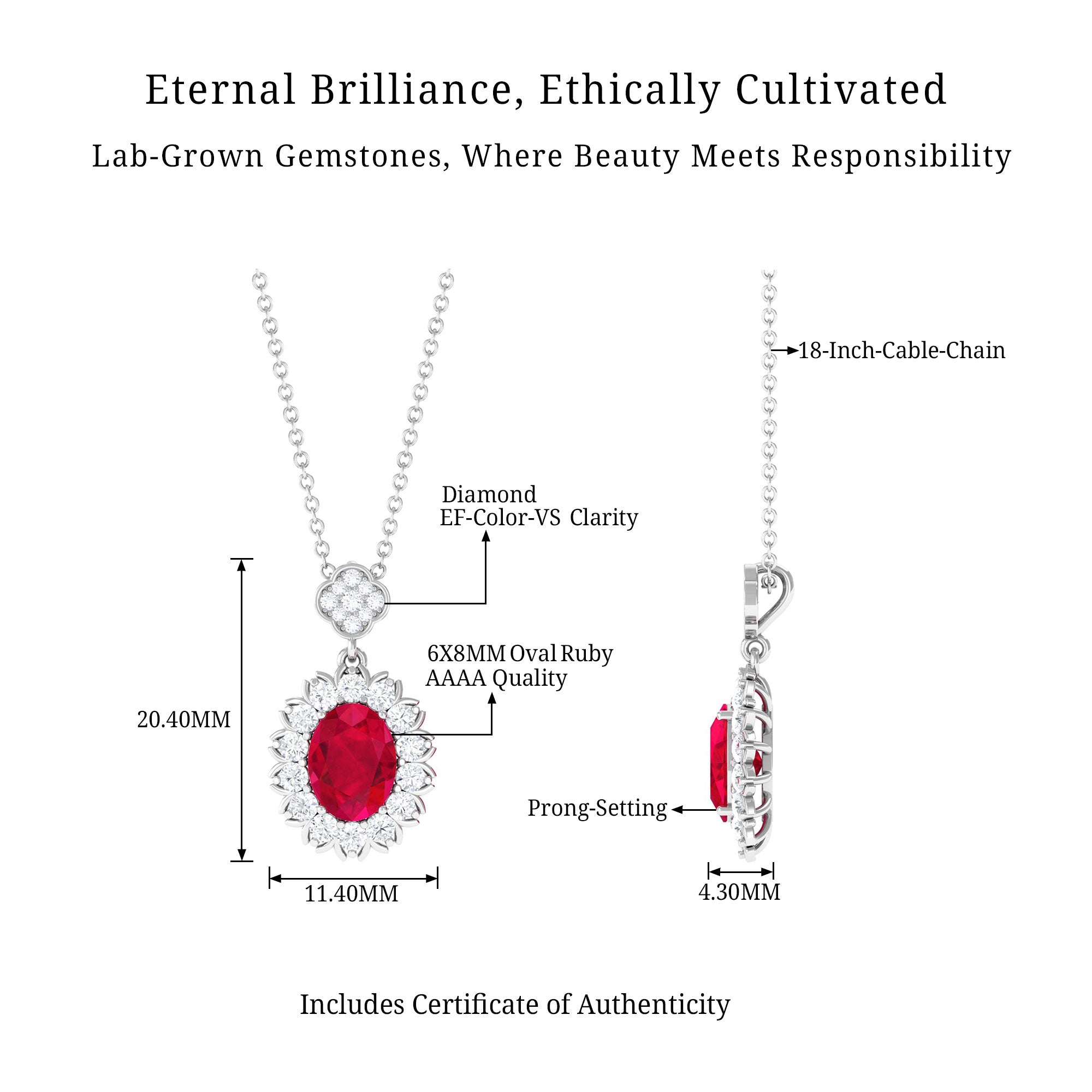 Vibrant Grown Labs-Oval Lab Grown Ruby Statement Pendant Necklace with Halo