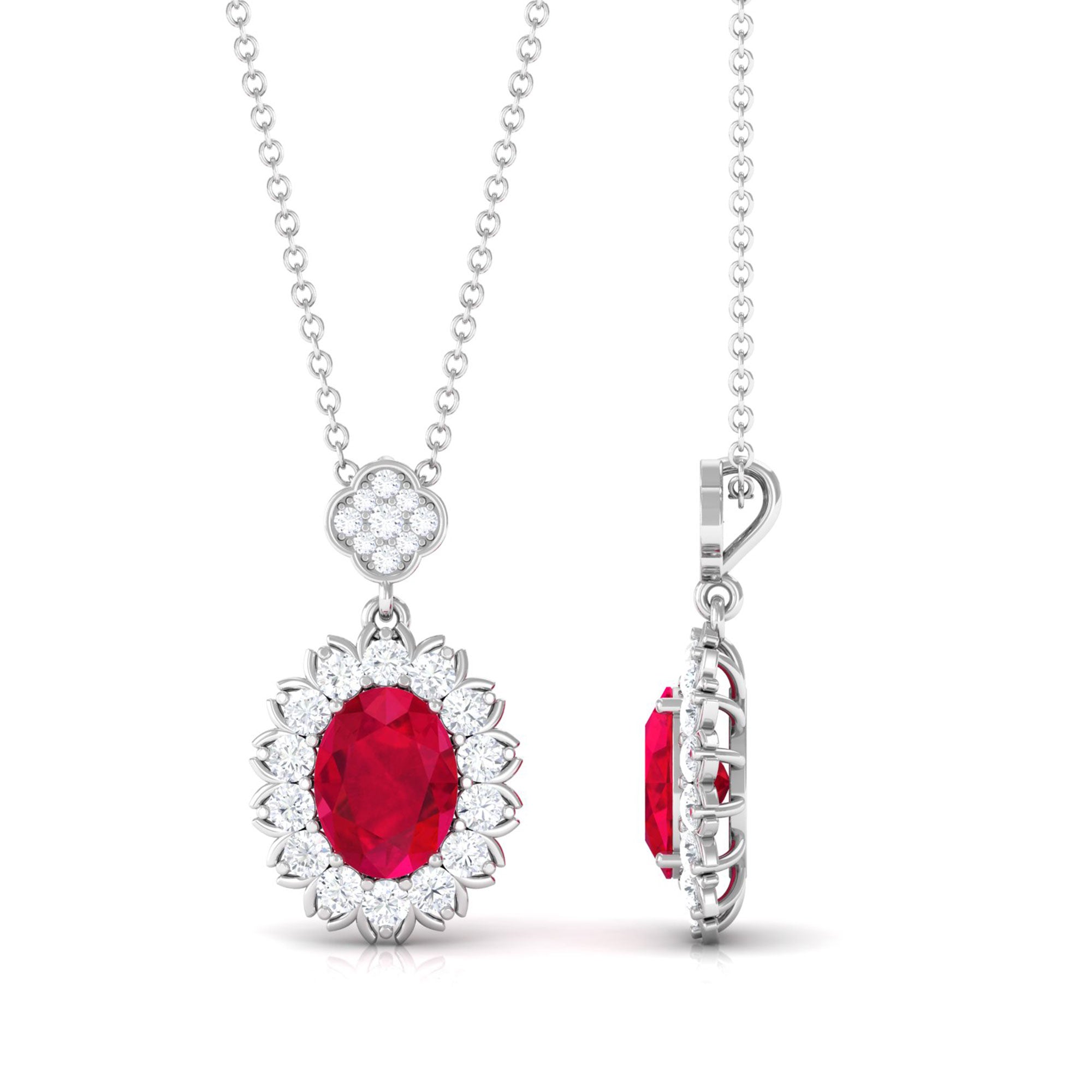 Vibrant Grown Labs-Oval Lab Grown Ruby Statement Pendant Necklace with Halo