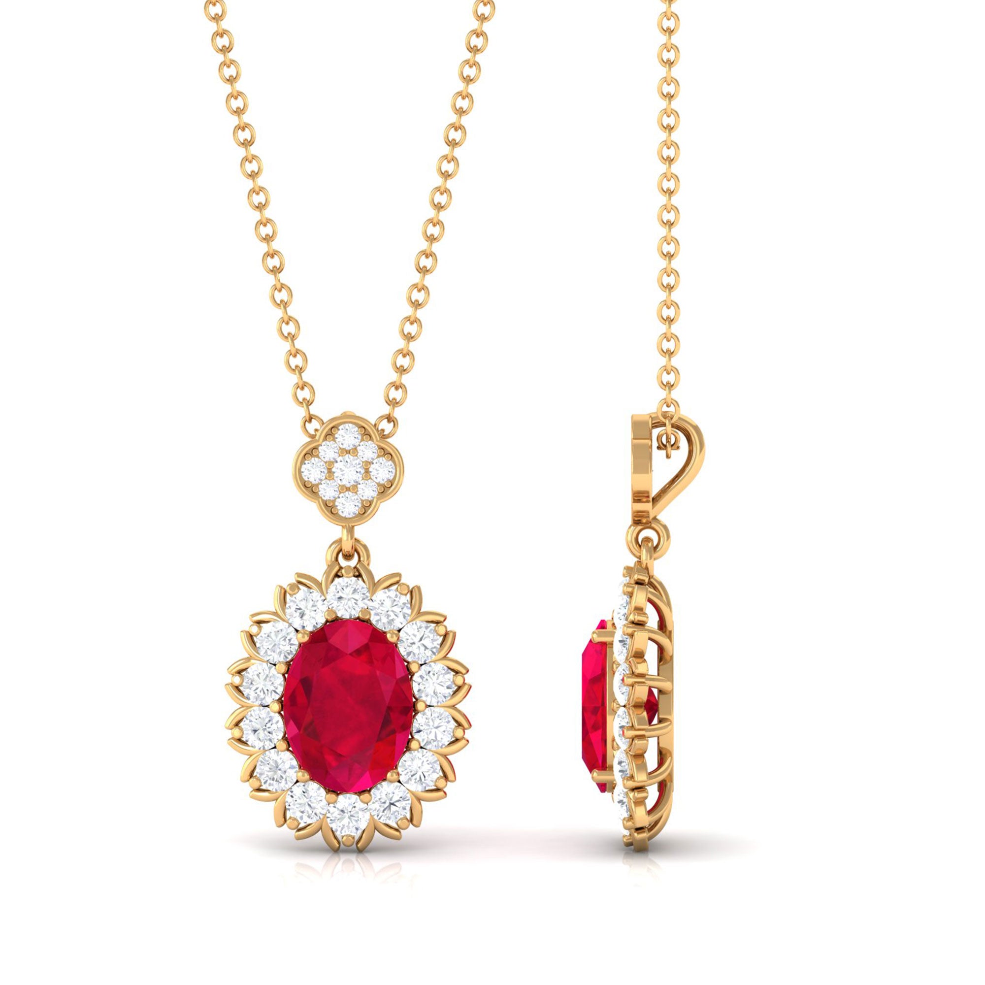 Vibrant Grown Labs-Oval Lab Grown Ruby Statement Pendant Necklace with Halo