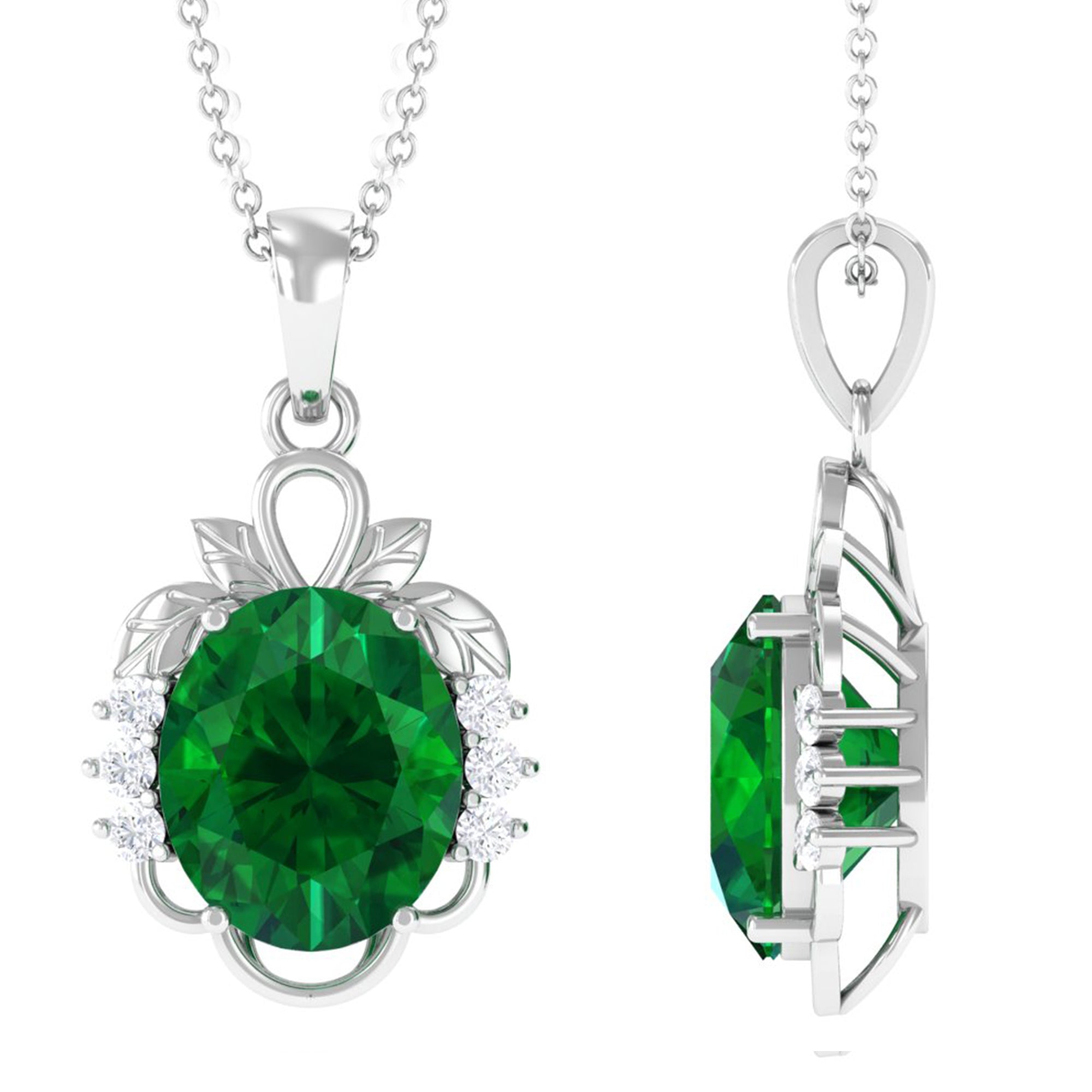 Vibrant Grown Labs-Created Emerald Oval Statement Pendant Necklace with Diamond