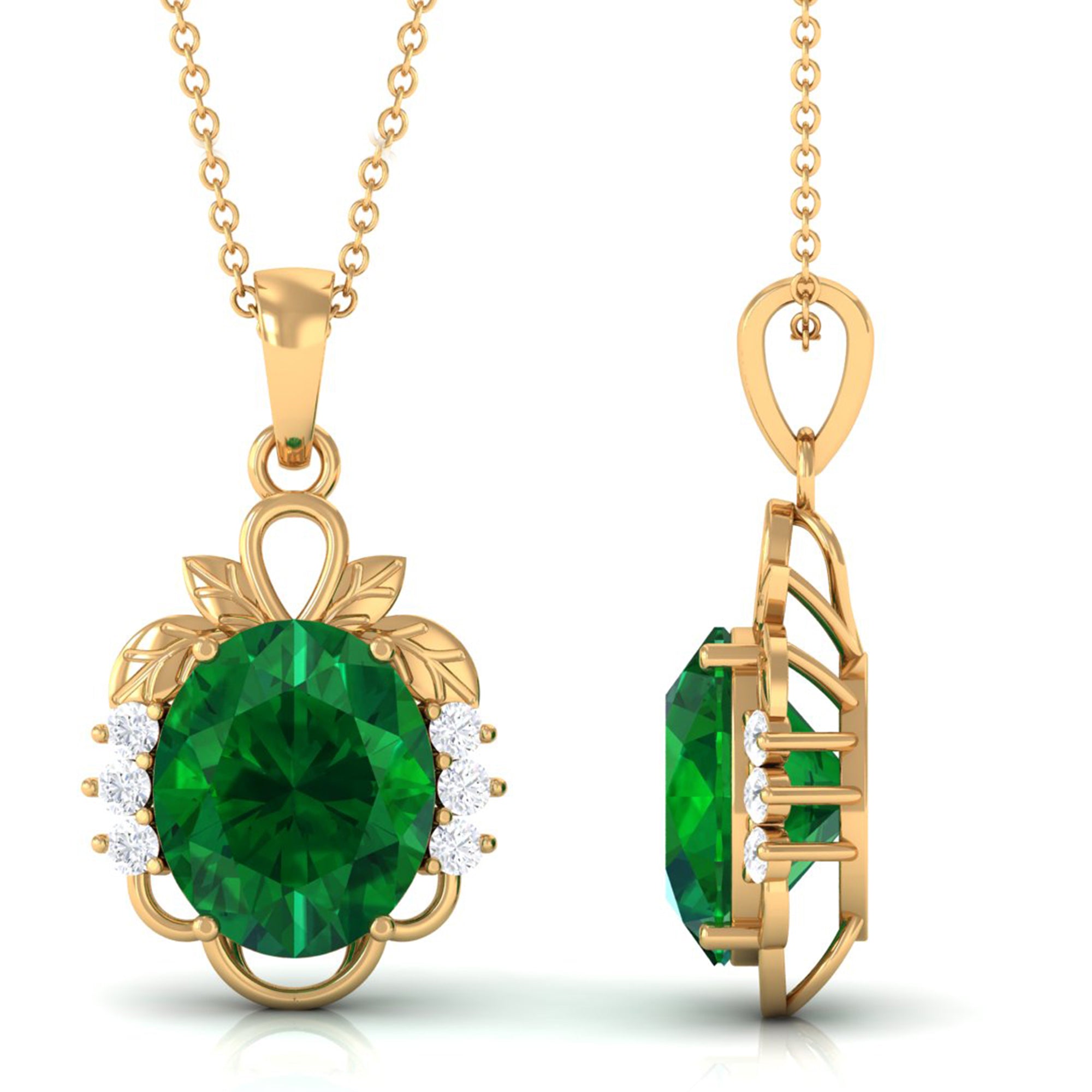 Vibrant Grown Labs-Created Emerald Oval Statement Pendant Necklace with Diamond