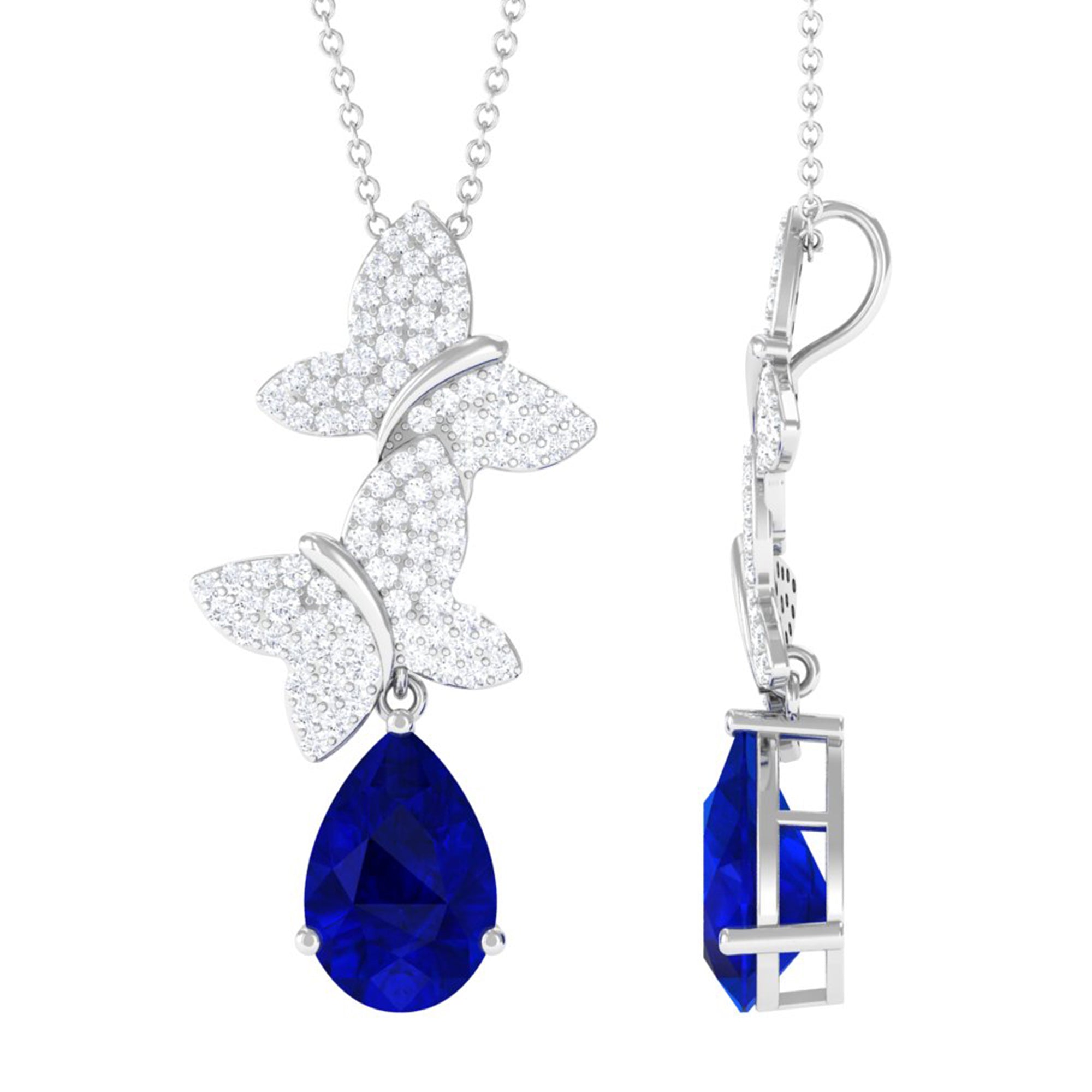 Vibrant Grown Labs-Created Blue Sapphire Pendant Necklace with Diamond Butterflies