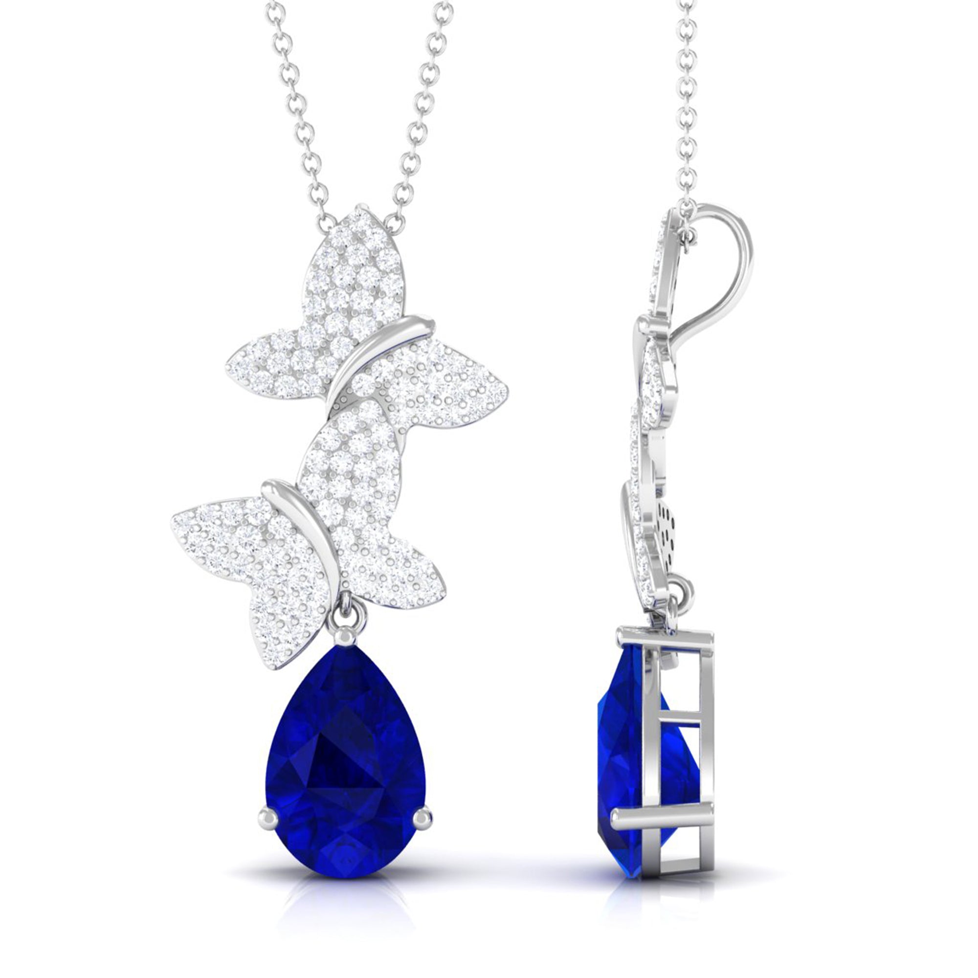 Vibrant Grown Labs-Created Blue Sapphire Pendant Necklace with Diamond Butterflies