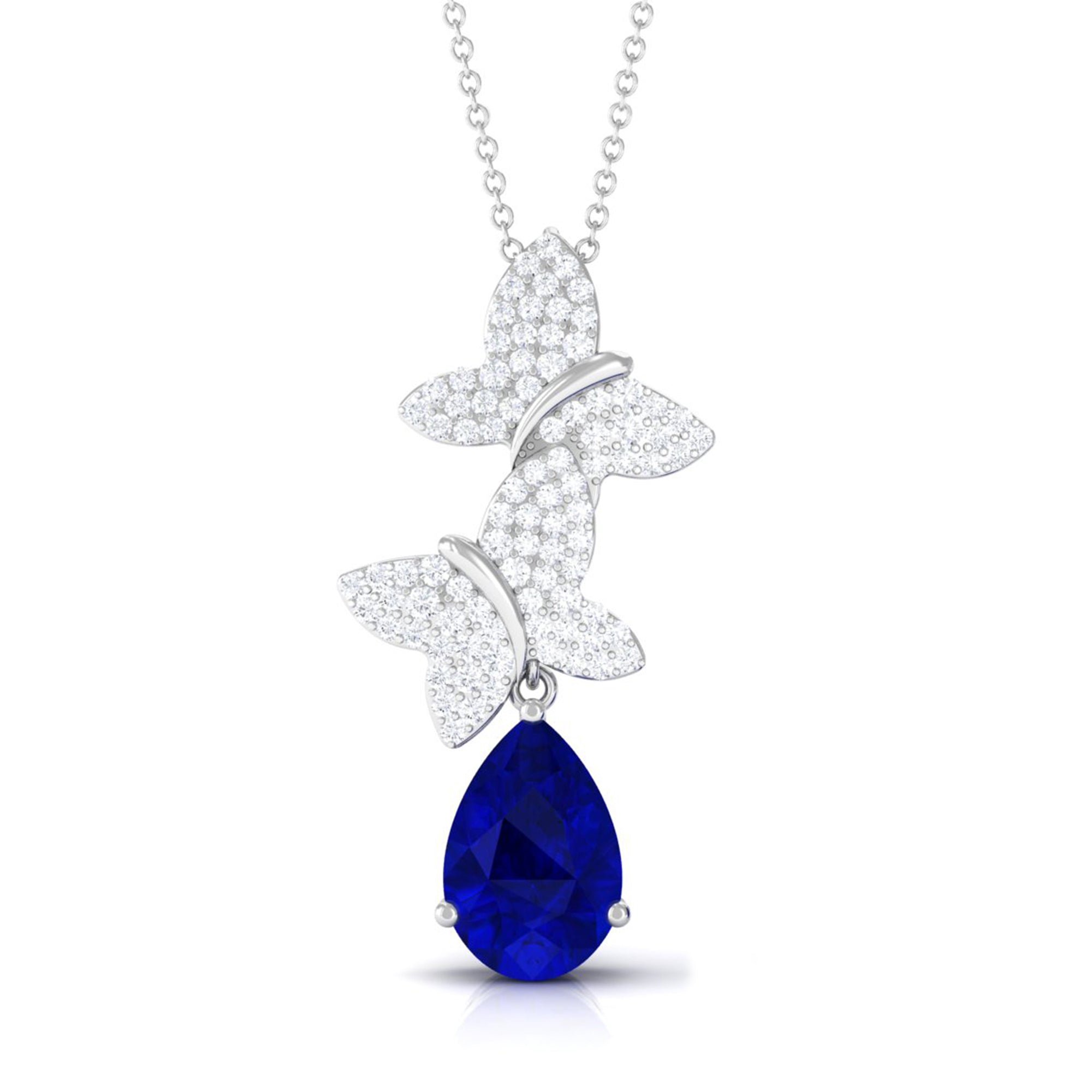 Vibrant Grown Labs-Created Blue Sapphire Pendant Necklace with Diamond Butterflies