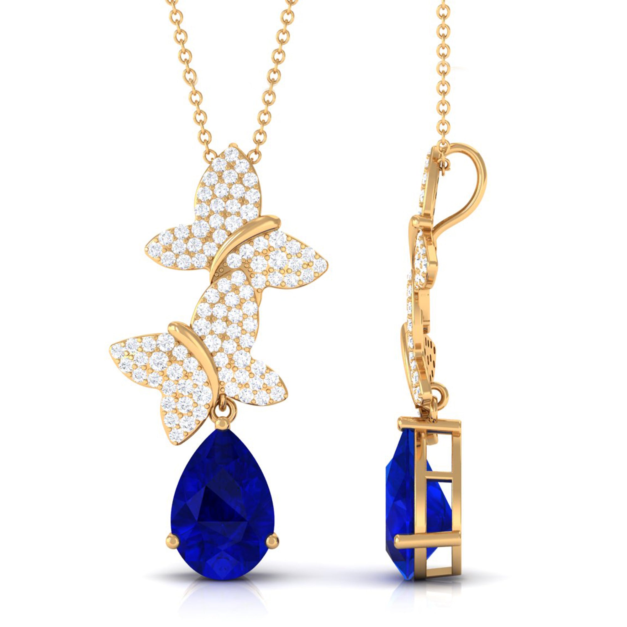 Vibrant Grown Labs-Created Blue Sapphire Pendant Necklace with Diamond Butterflies