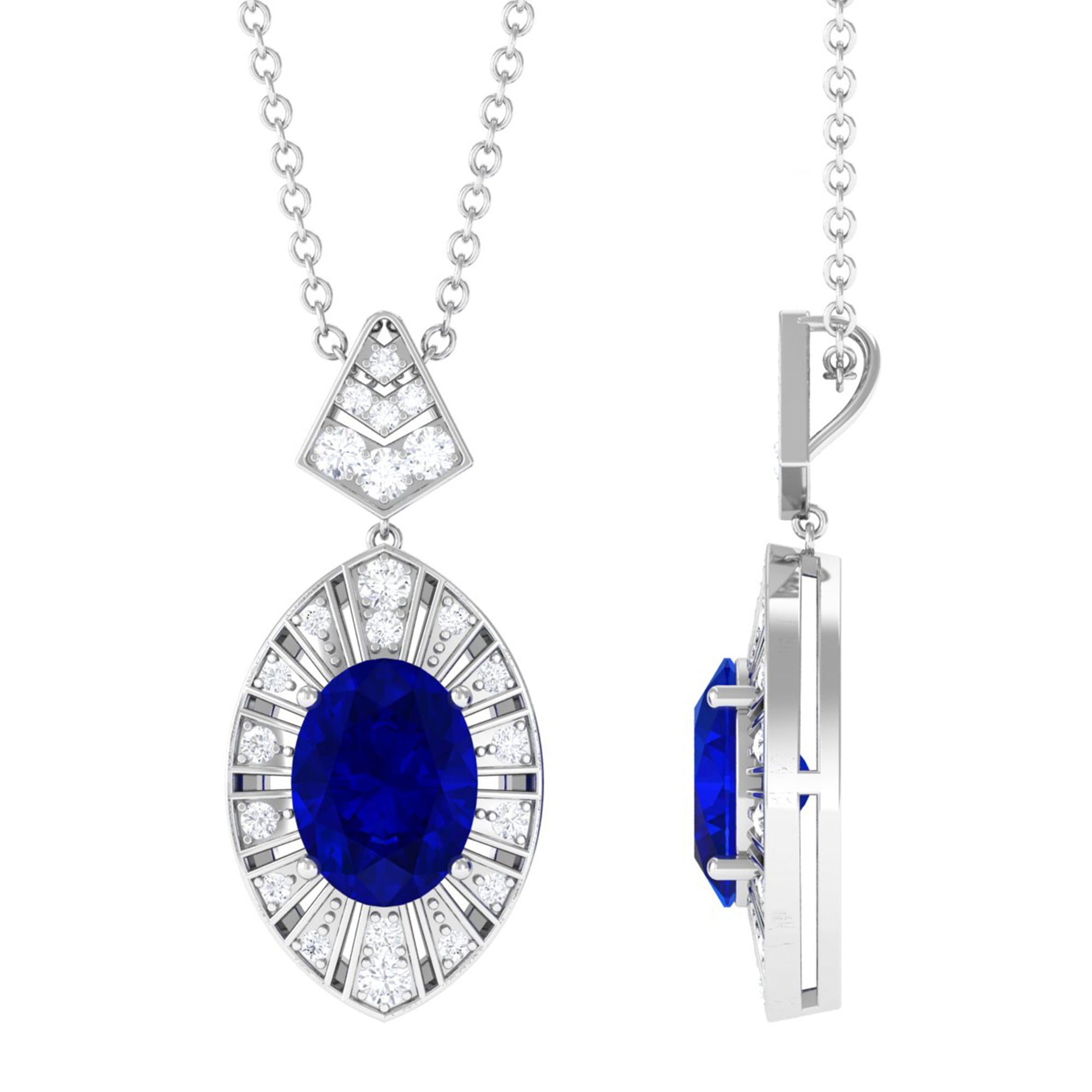 Vibrant Grown Labs-Oval Lab Created Blue Sapphire Art Deco Pendant Necklace with Diamond