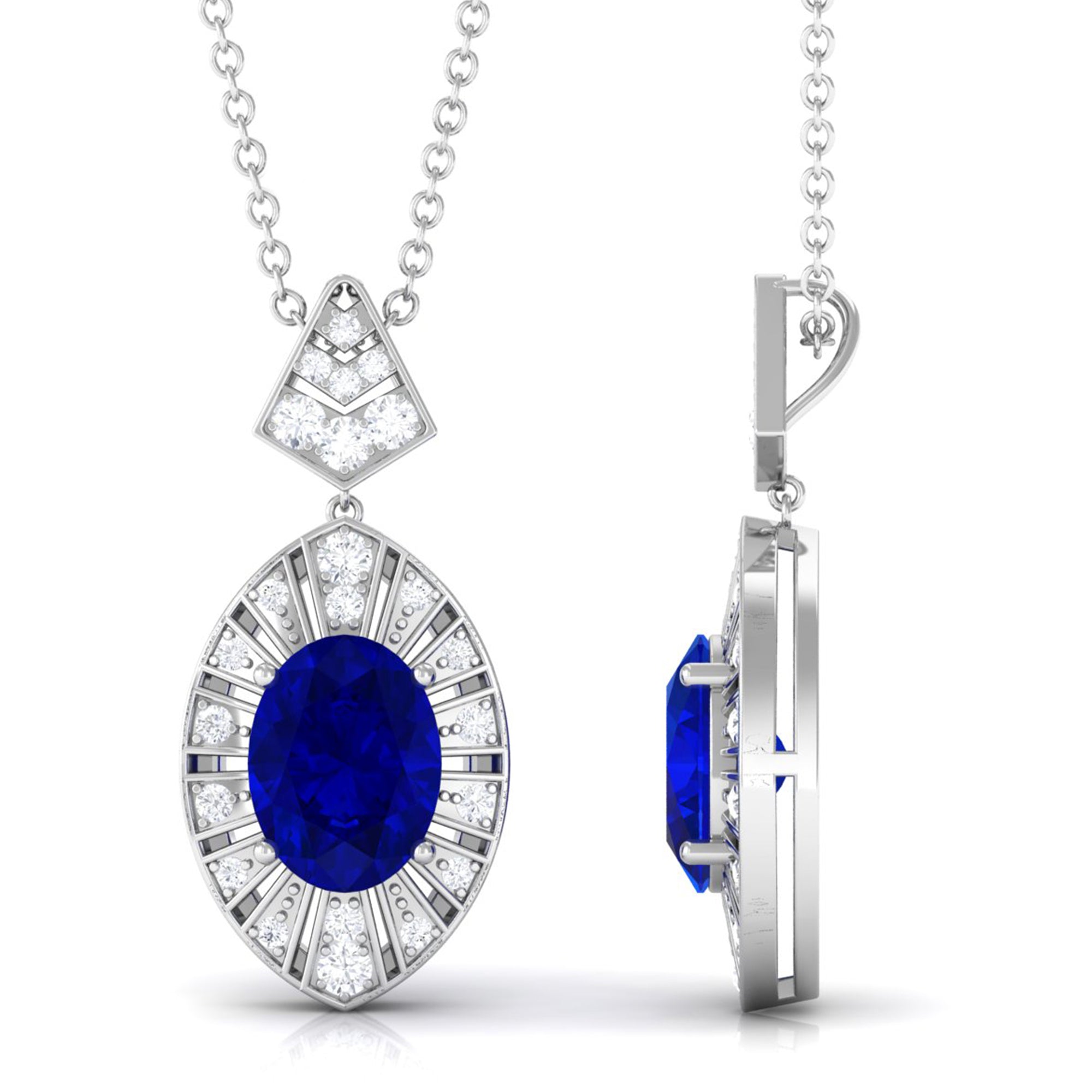 Vibrant Grown Labs-Oval Lab Created Blue Sapphire Art Deco Pendant Necklace with Diamond