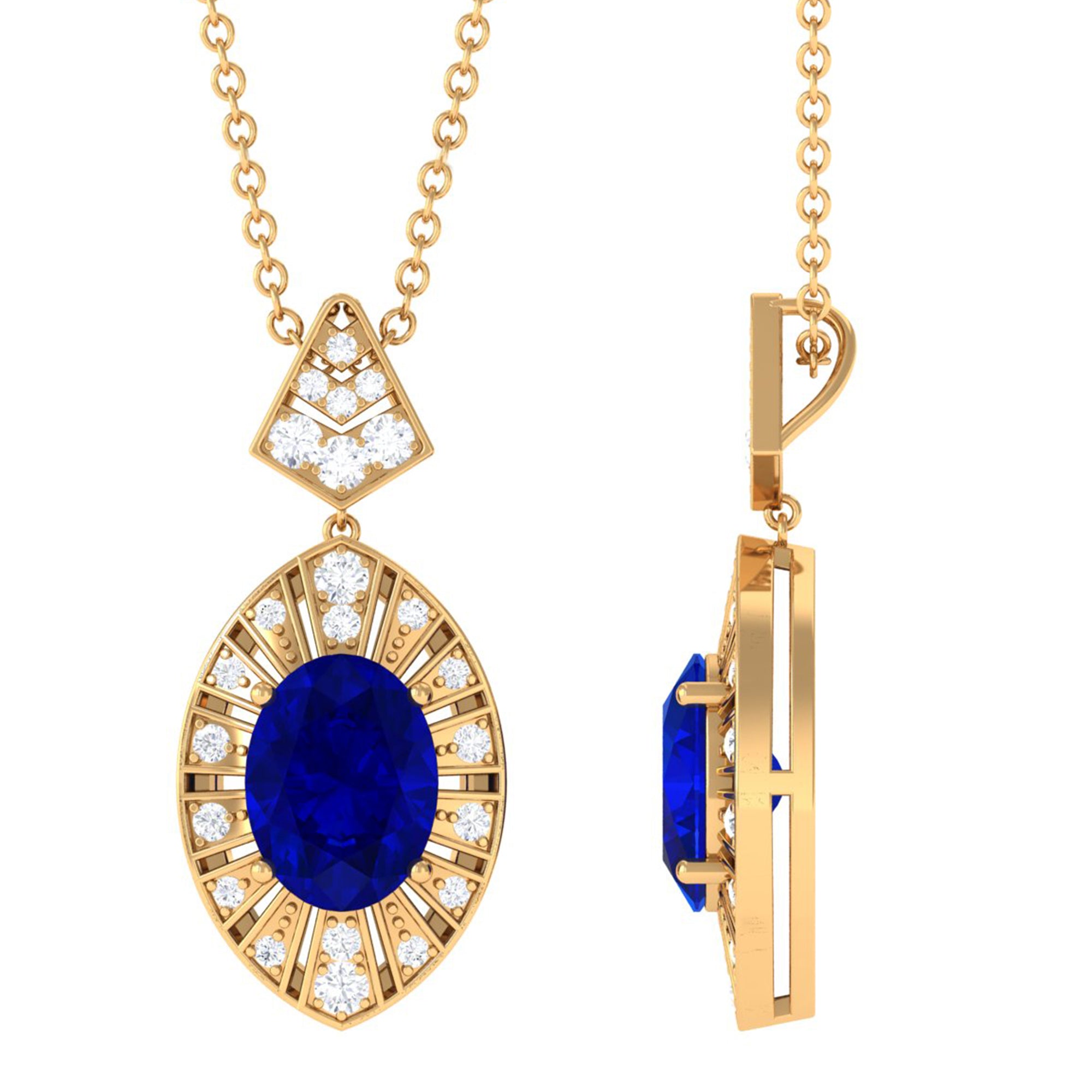 Vibrant Grown Labs-Oval Lab Created Blue Sapphire Art Deco Pendant Necklace with Diamond