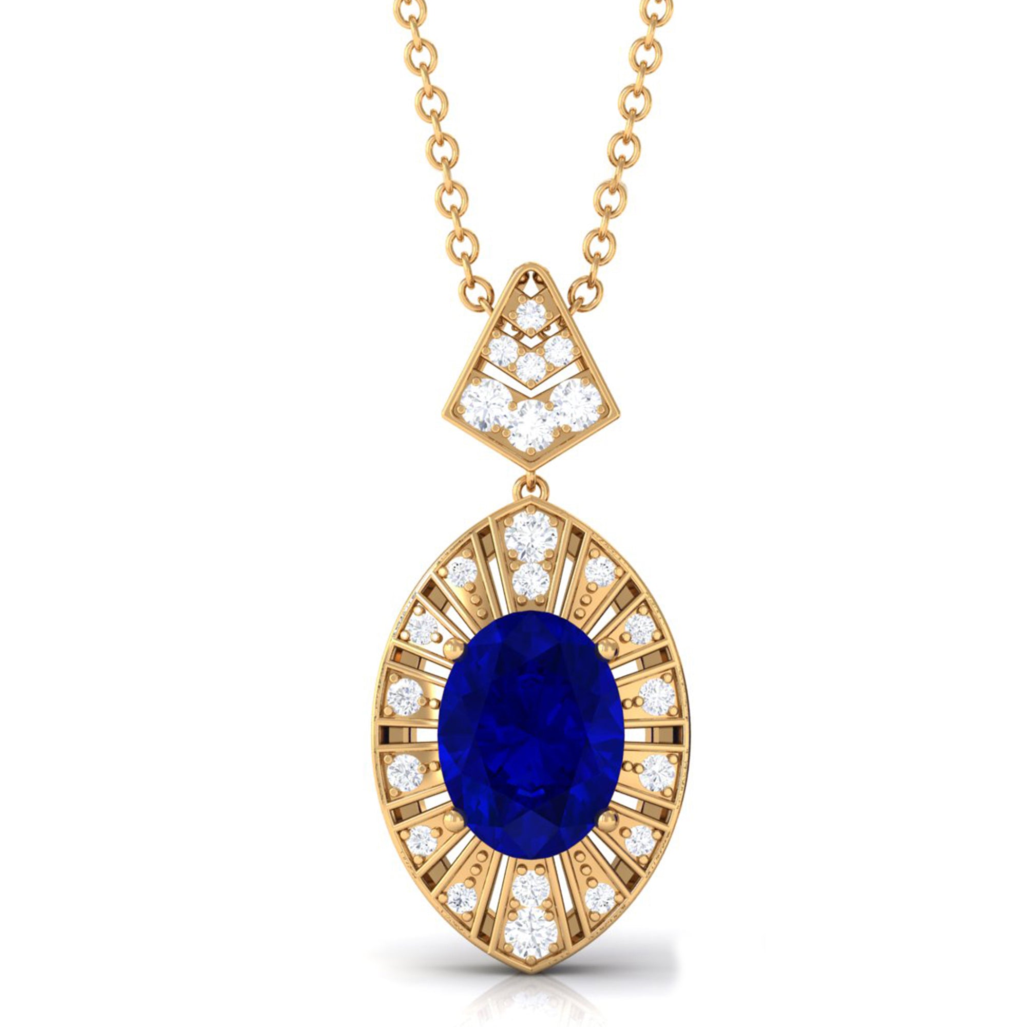 Vibrant Grown Labs-Oval Lab Created Blue Sapphire Art Deco Pendant Necklace with Diamond