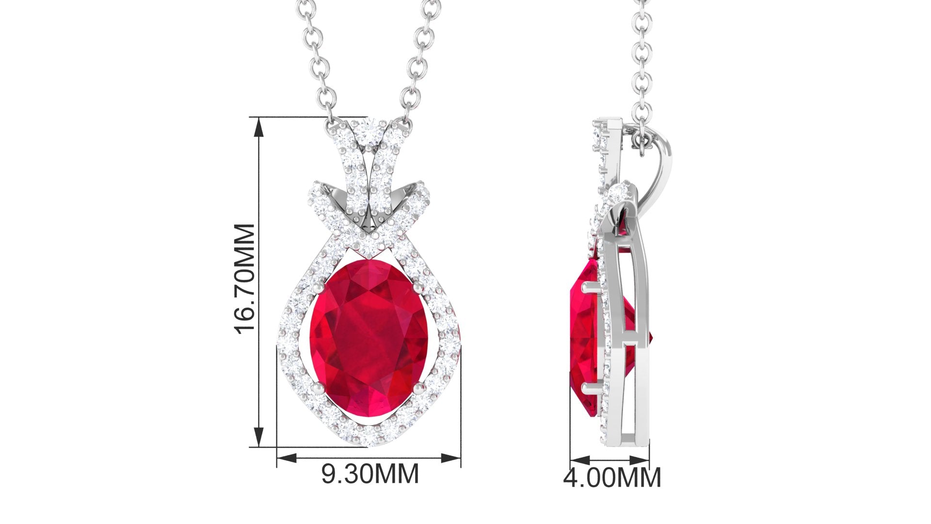 Vibrant Grown Labs-Oval Shape Created Ruby Art Deco Pendant Necklace with Accent