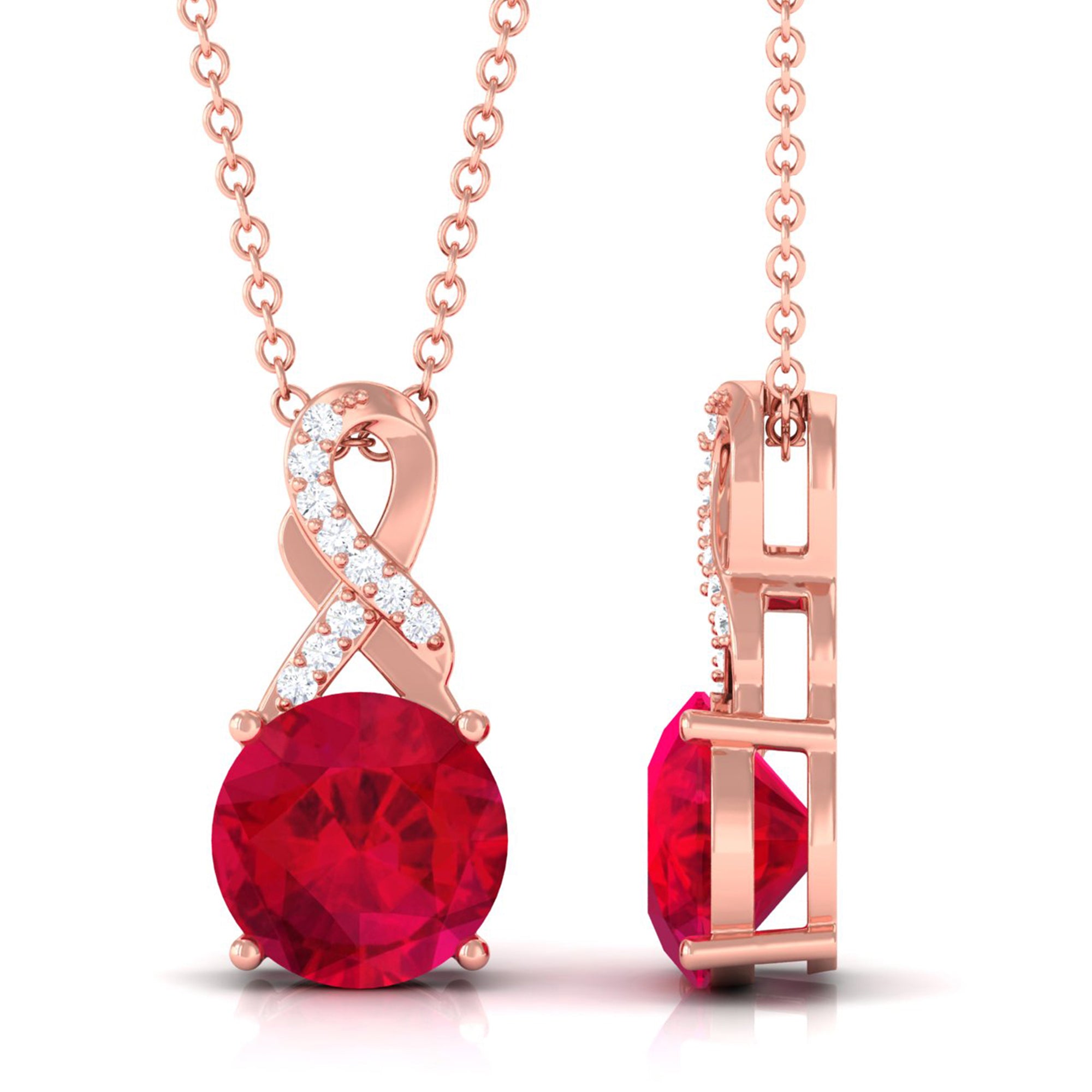 Vibrant Grown Labs-Lab Grown Ruby Solitaire Infinity Pendant Necklace with Diamond