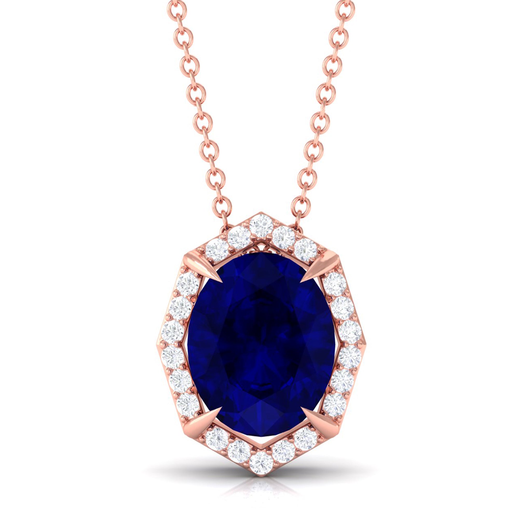 Vibrant Grown Labs-Lab Created Blue Sapphire Art Deco Pendant Necklace with Diamond