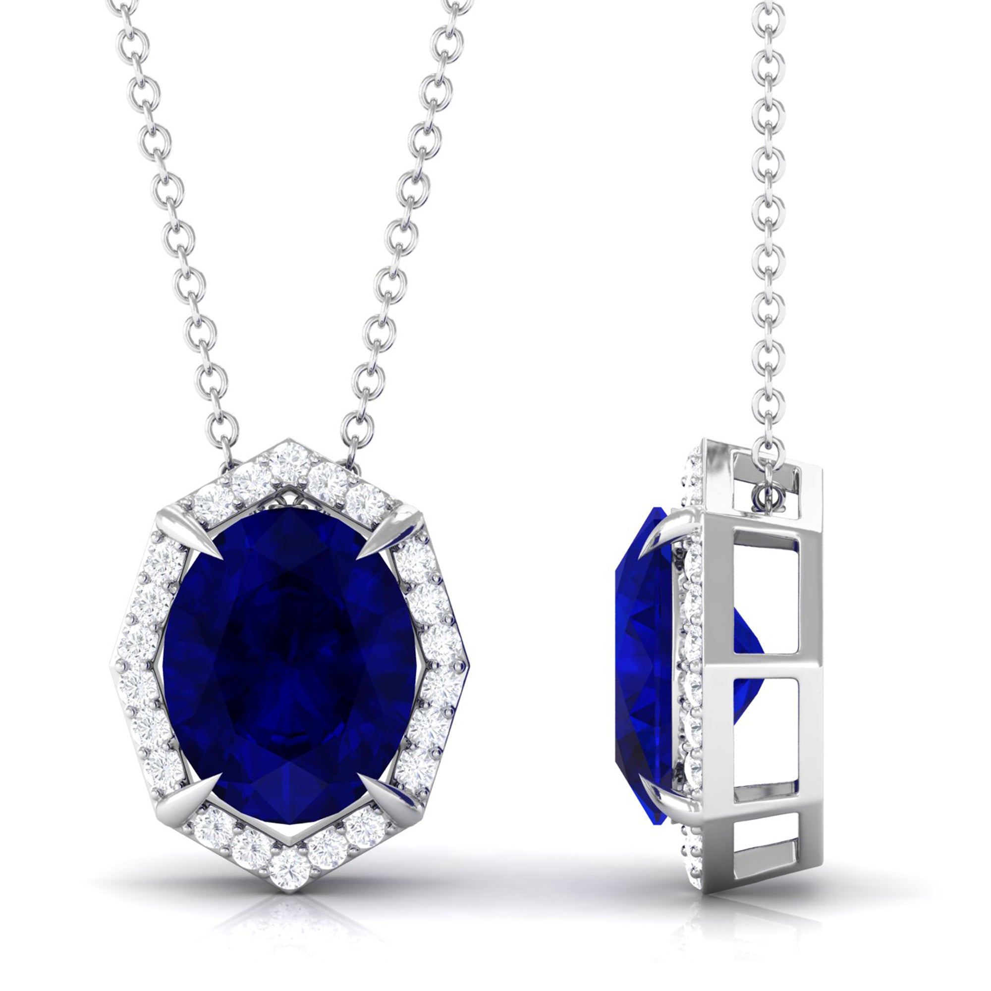 Vibrant Grown Labs-Lab Created Blue Sapphire Art Deco Pendant Necklace with Diamond