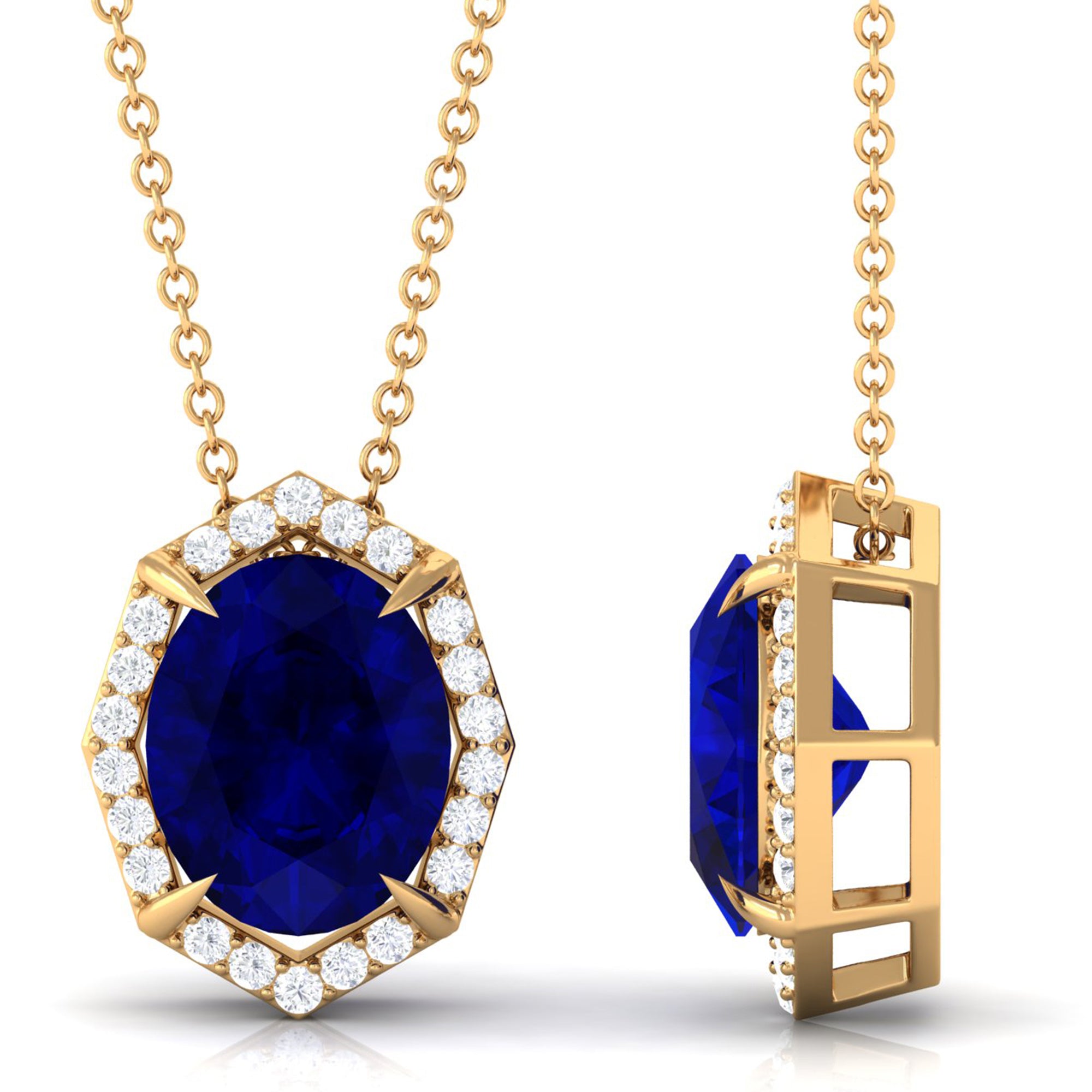 Vibrant Grown Labs-Lab Created Blue Sapphire Art Deco Pendant Necklace with Diamond