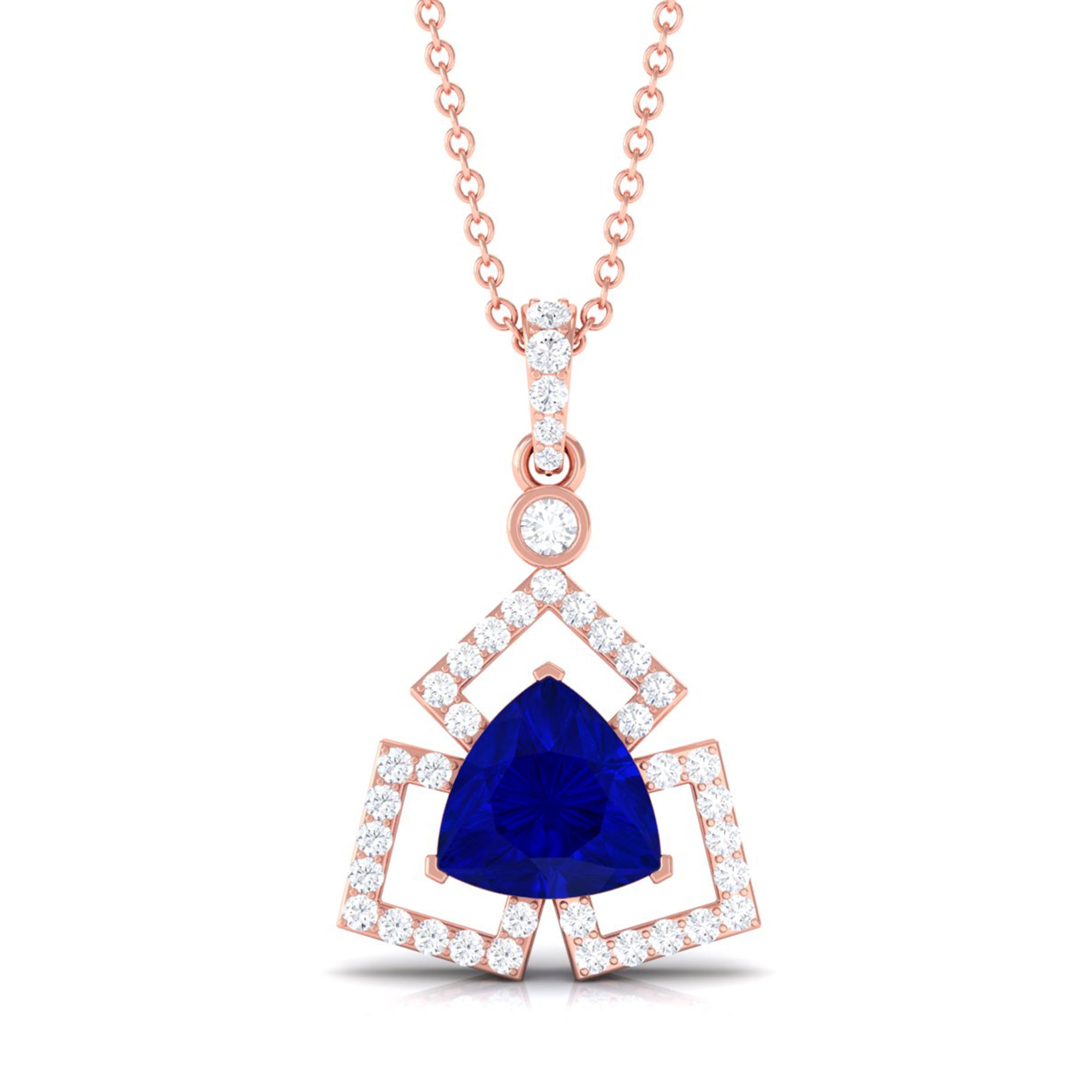 Vibrant Grown Labs-Trilliant Cut Created Blue Sapphire Pendant Necklace with Diamond