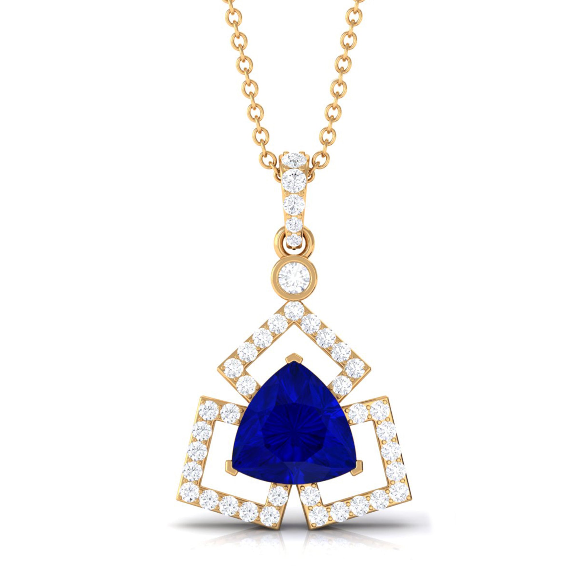 Vibrant Grown Labs-Trilliant Cut Created Blue Sapphire Pendant Necklace with Diamond